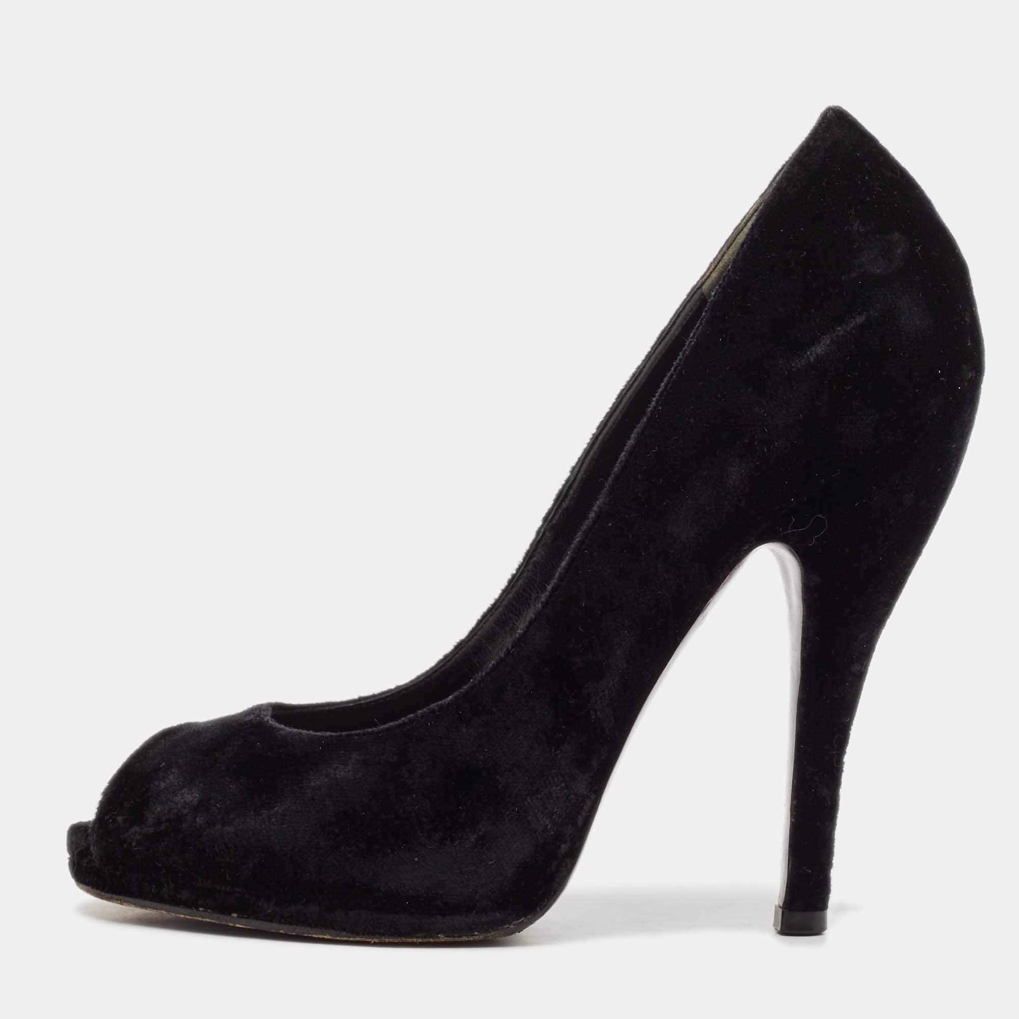 Gucci Black Velvet Peep Toe Pumps Size 36.5