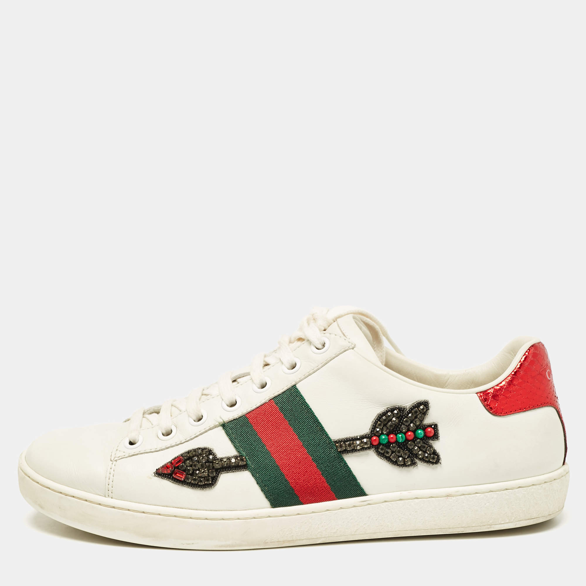 Pre Owned Gucci White Leather and Snakeskin Embossed Leather Ace Lace Up Sneakers Size 38