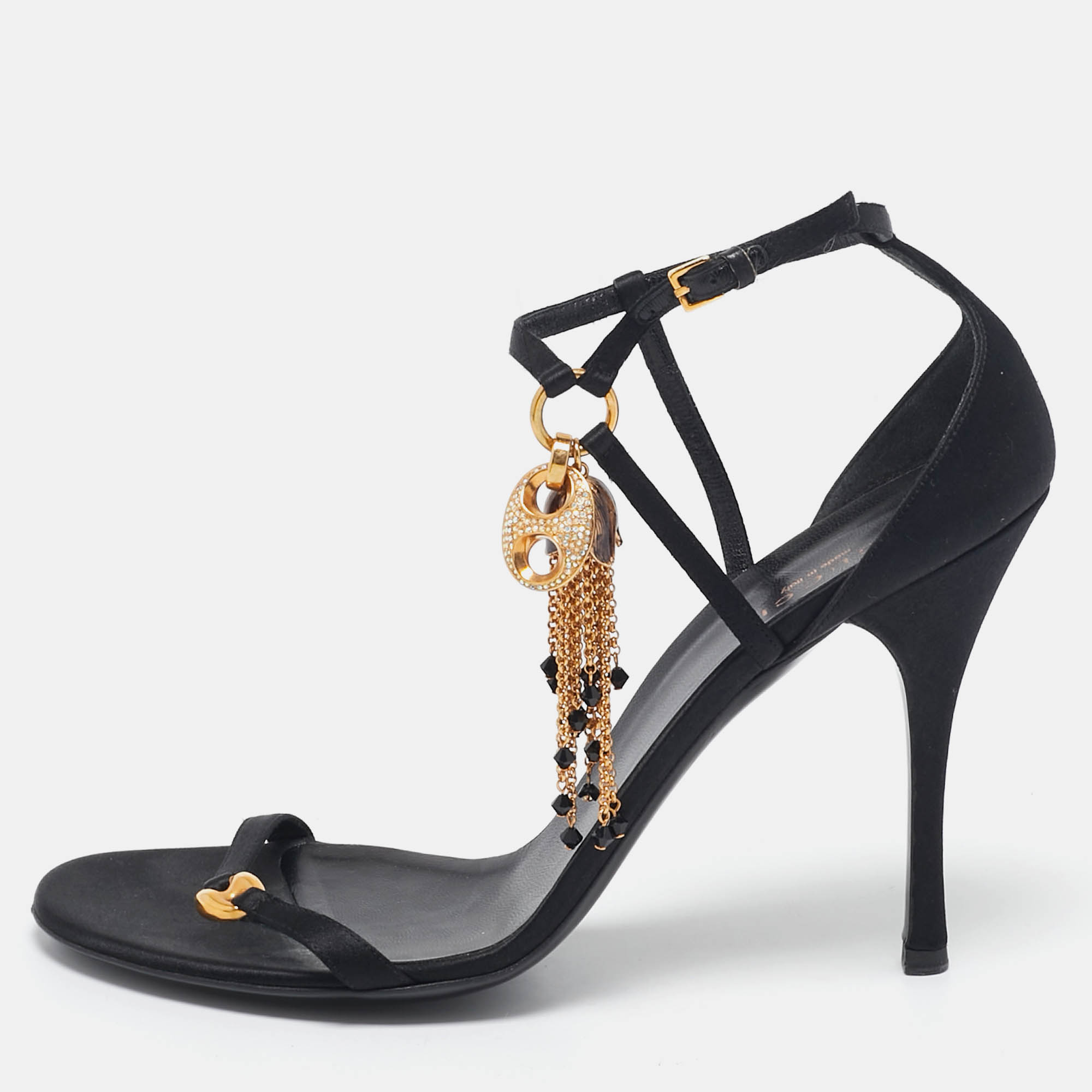 مملوكة مسبقًا Gucci Black Satin Embellished Ankle Strap Sandals Size 40