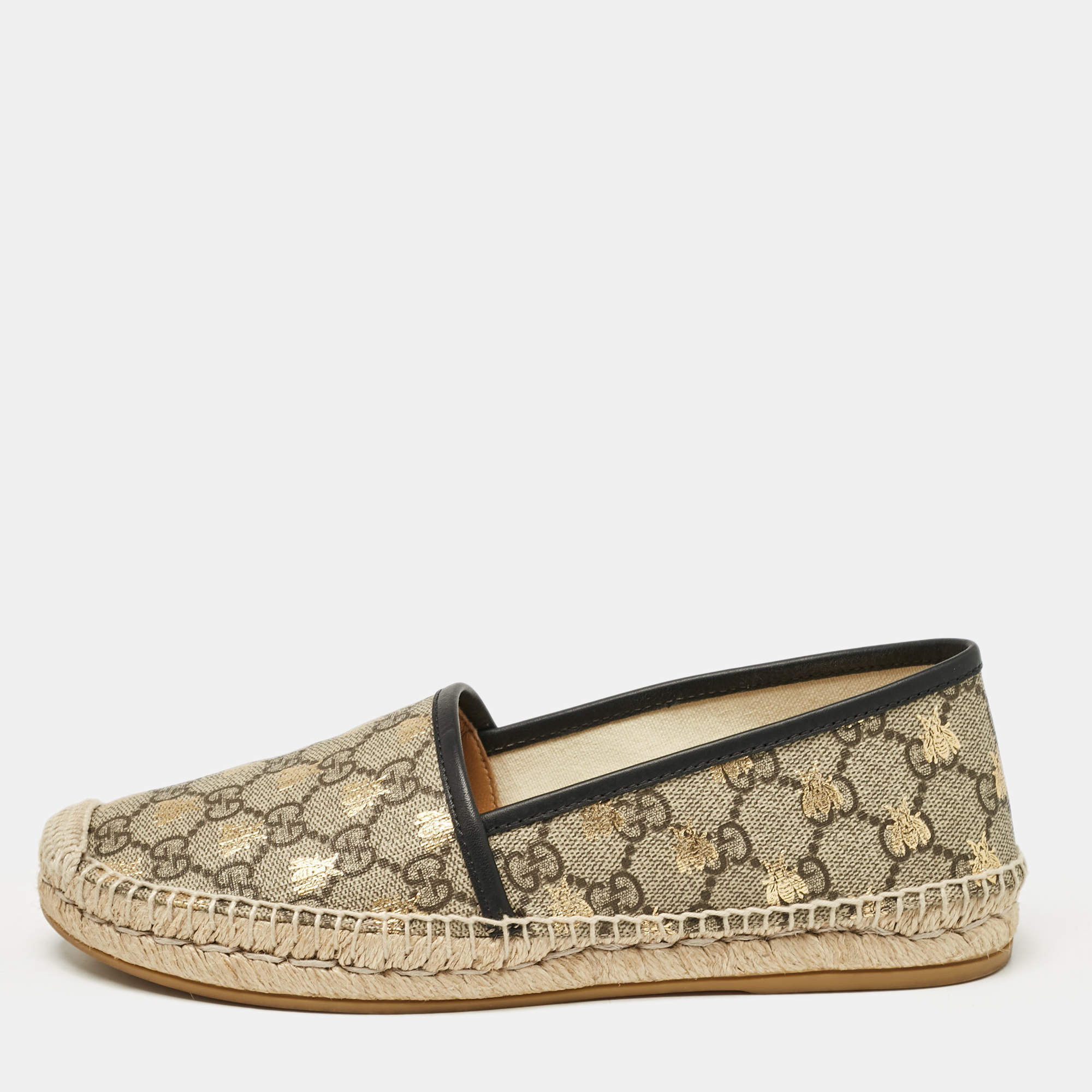 Pre Owned Gucci Beige/Brown GG Supreme Canvas Bee Print Espadrille Flats Size 38.5