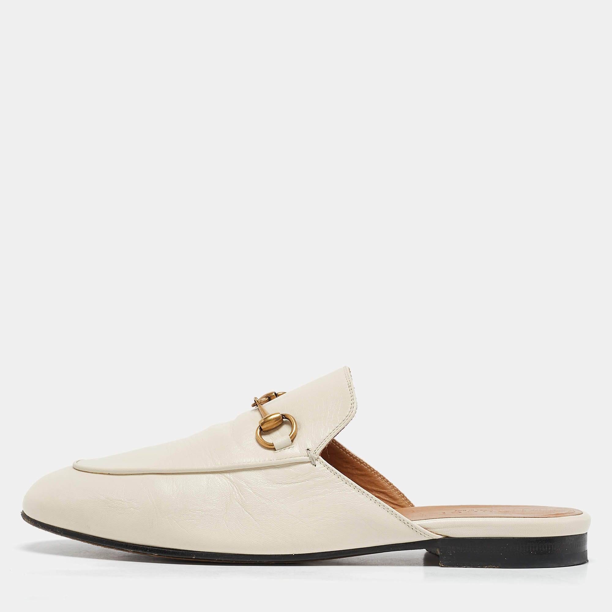 Pre Owned Gucci White Leather Princetown Horsebit Mule Sandals Size 38.5