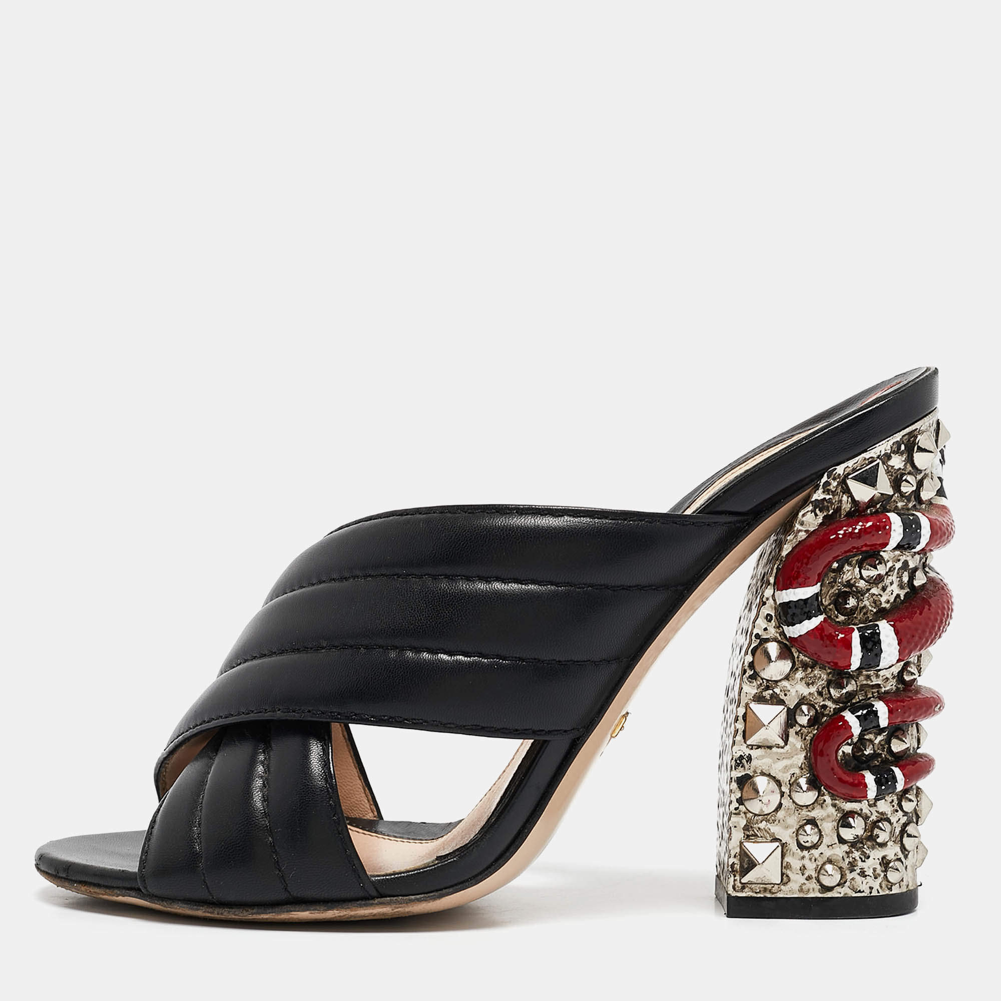 Pre Owned Gucci Black Quilted Leather Snake Embellished Slide Sandals Size 39