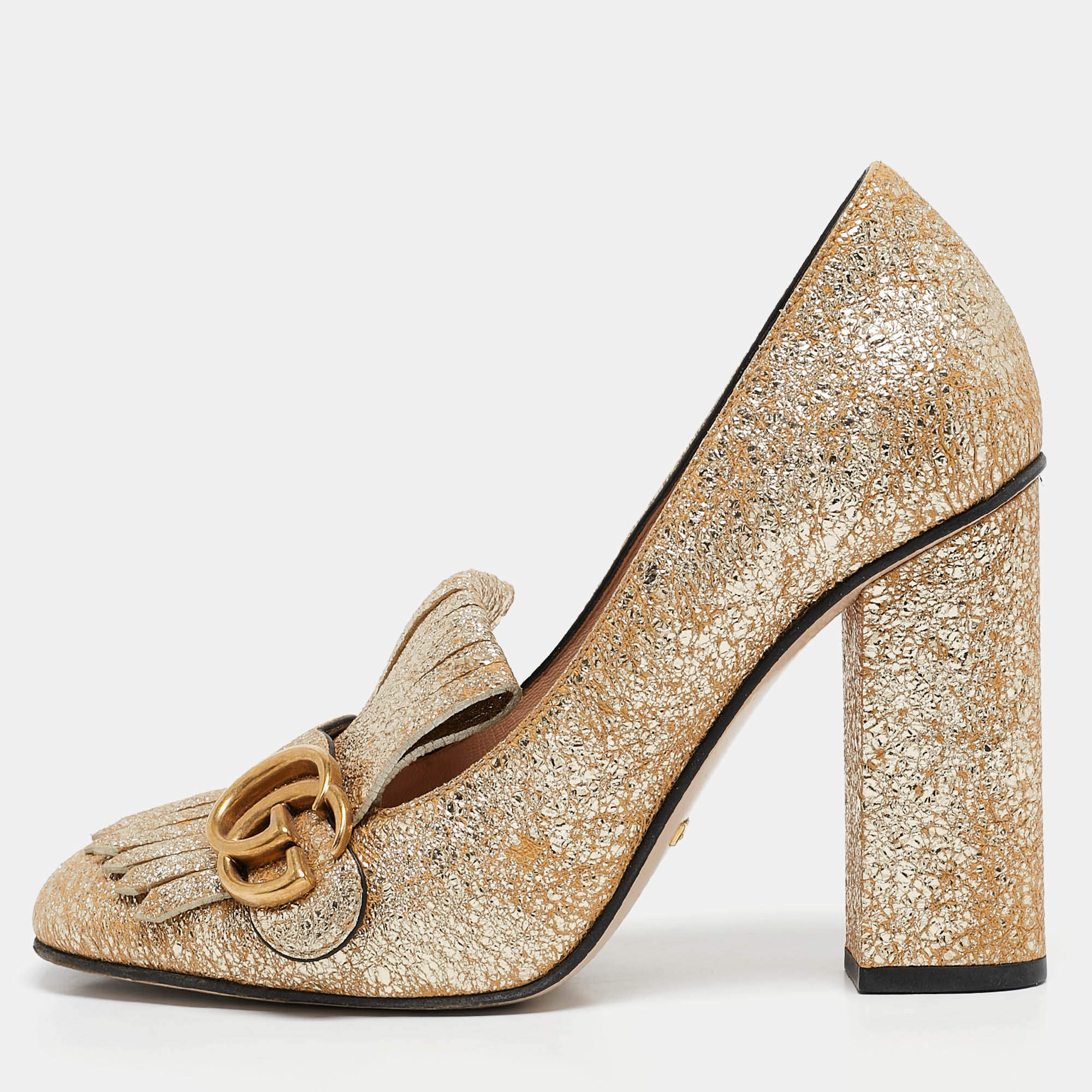 مملوكة مسبقًا Gucci Metallic Gold Leather GG Marmont Fringe Detail Block Heel Pumps Size 38.5