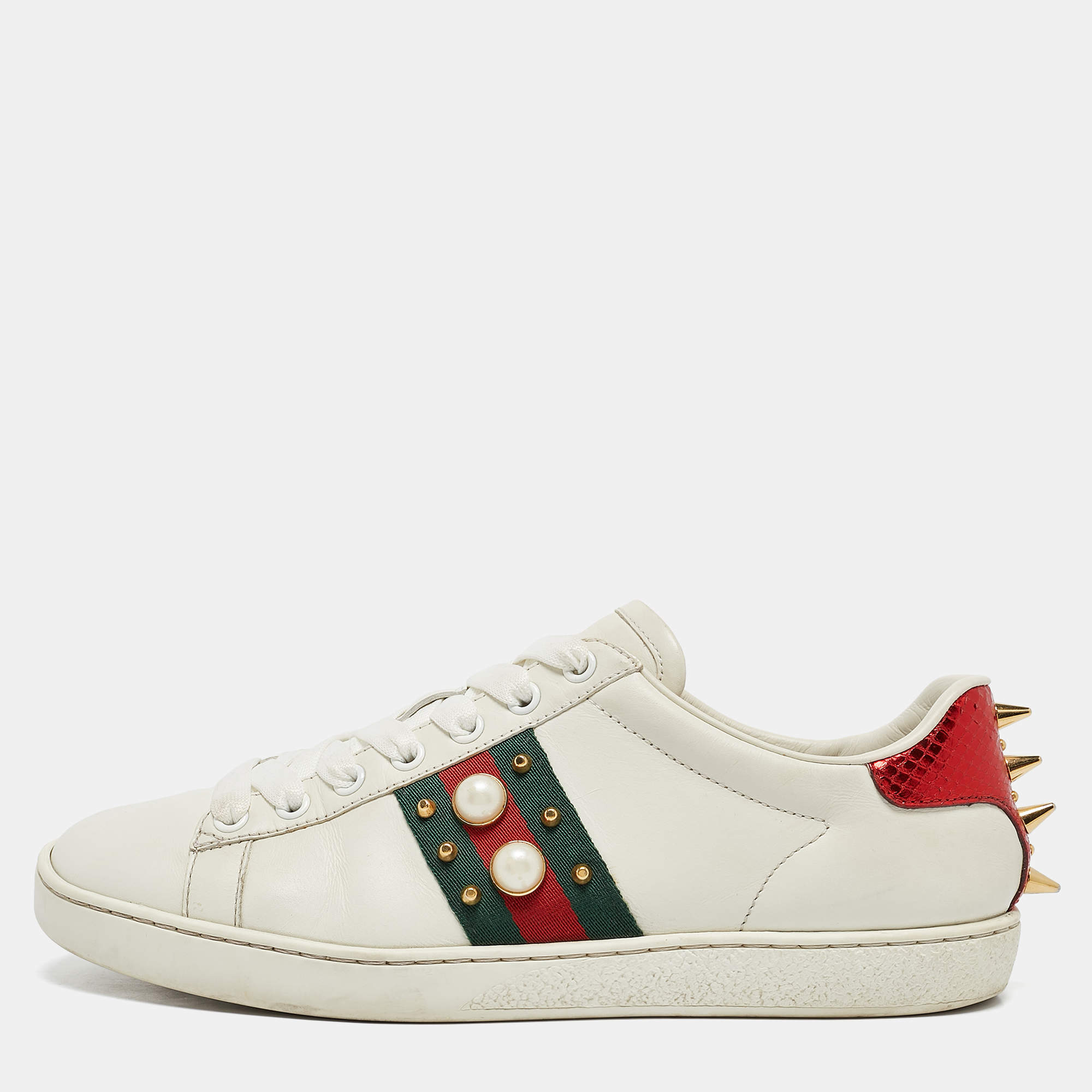 Gucci White Leather Faux Pearl and Spikes Embellished Ace Low Top Sneakers Size 38