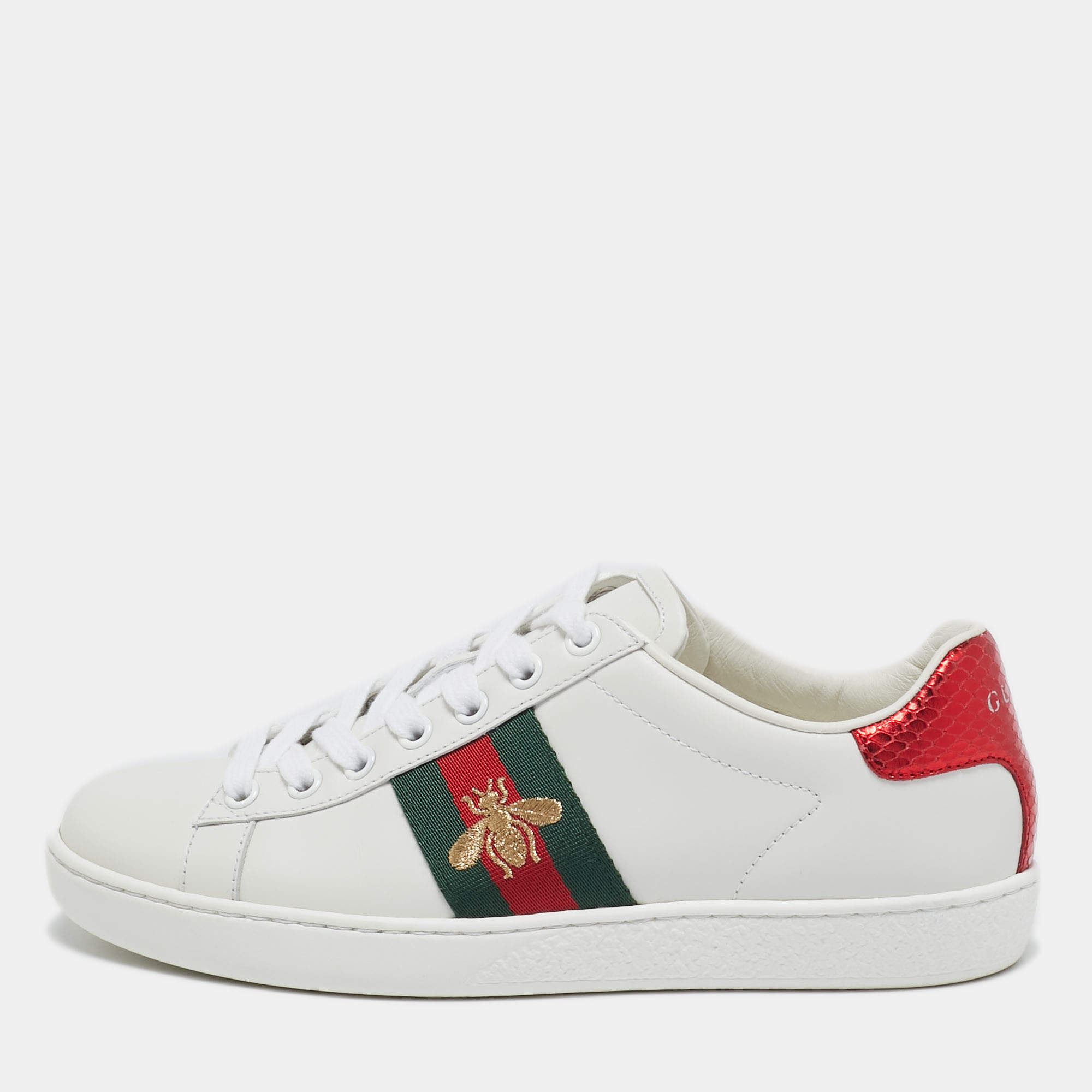 Gucci White Leather Bee Embroidered Ace Sneakers Size 36