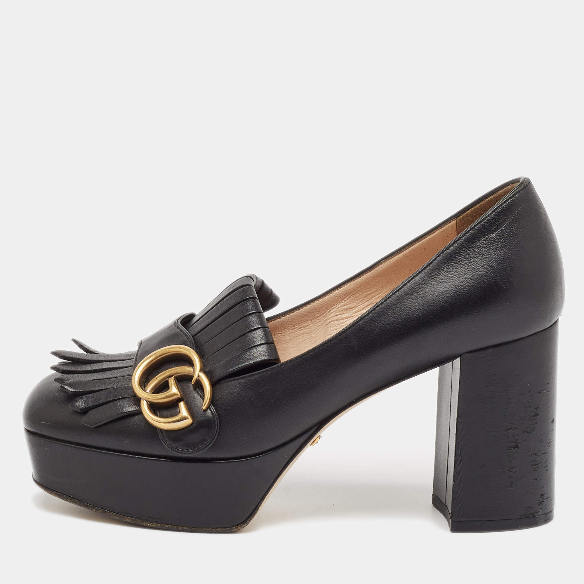 مملوكة مسبقًا Gucci Black Leather GG Marmont Fringed Platform Pumps Size 36