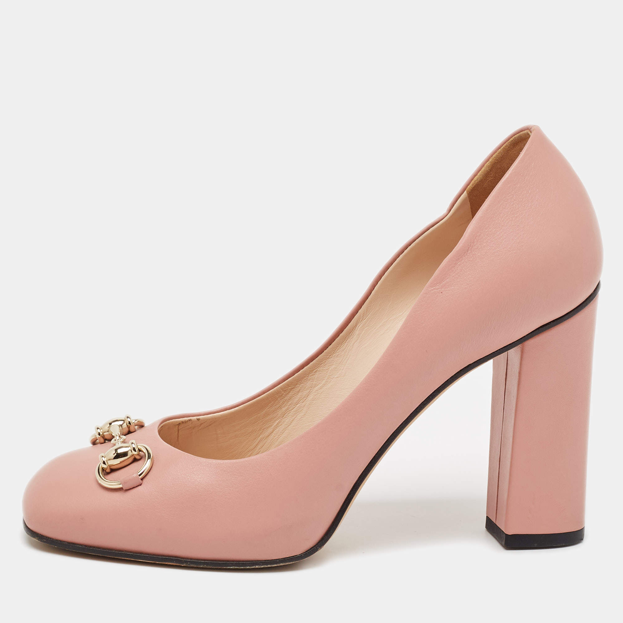 مملوكة مسبقًا Gucci Pink Leather Jolene Block Heel Pumps Size 37.5