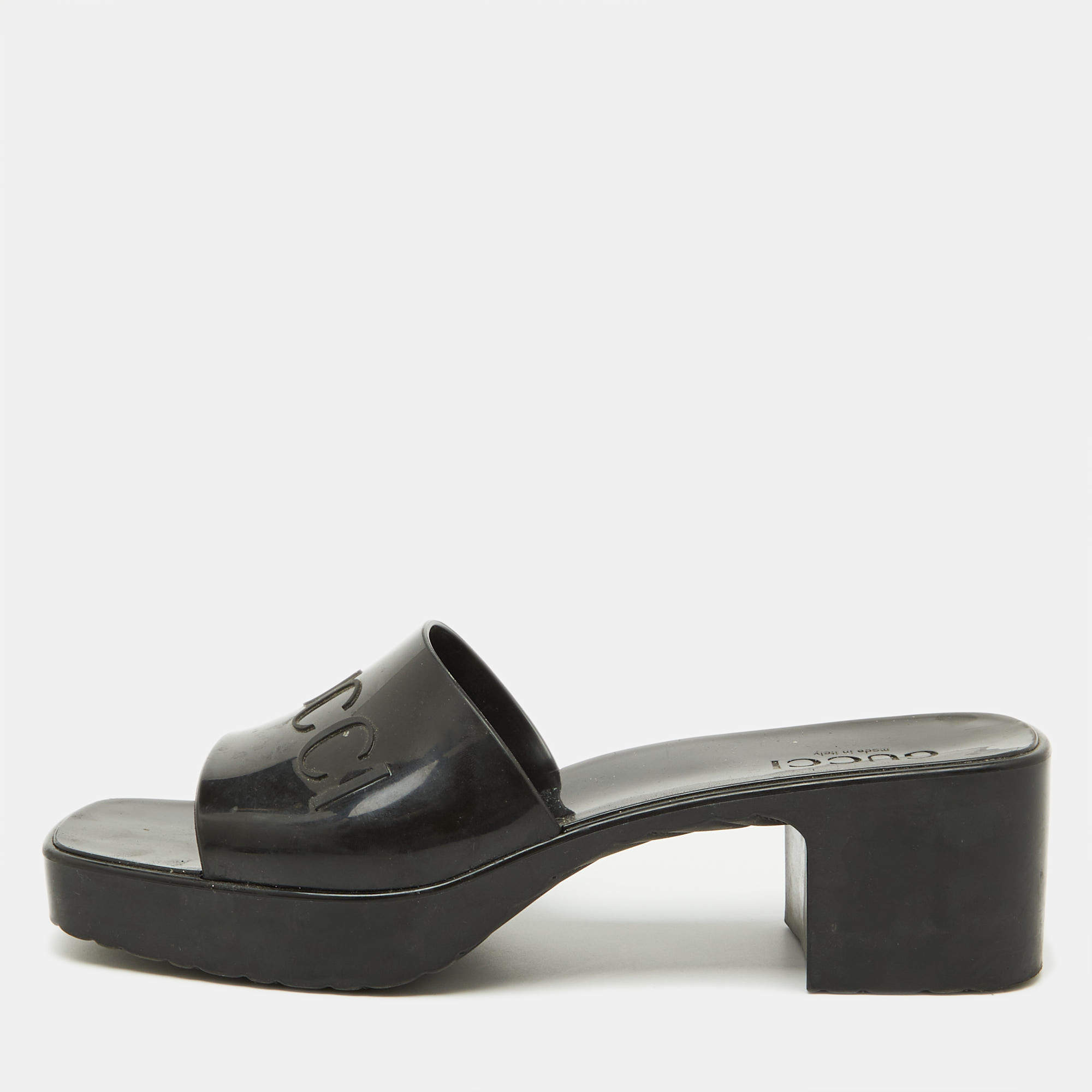 Pre Owned Gucci Black Rubber Logo Embossed Platform Slide Sandals Size 41
