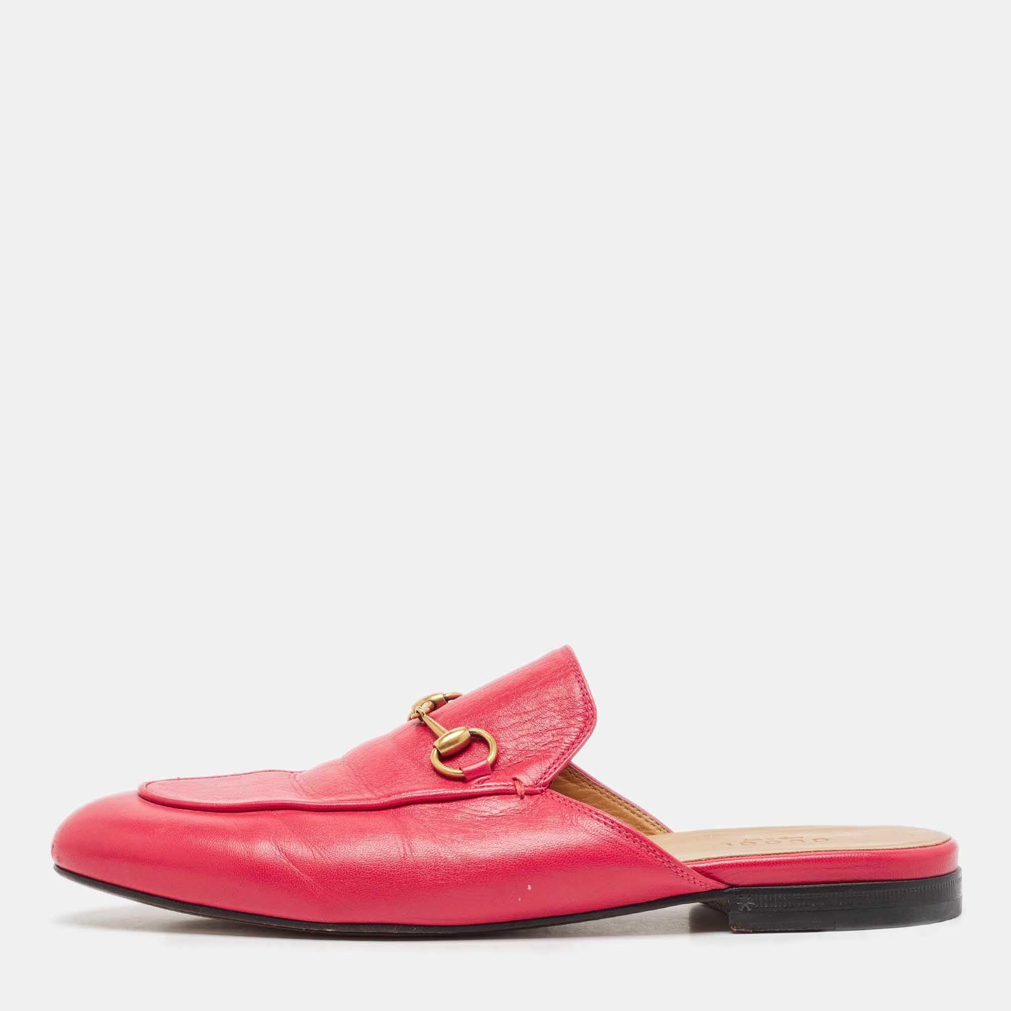 Pre Owned Gucci Pink Leather Princetown Flat Mules Size 39