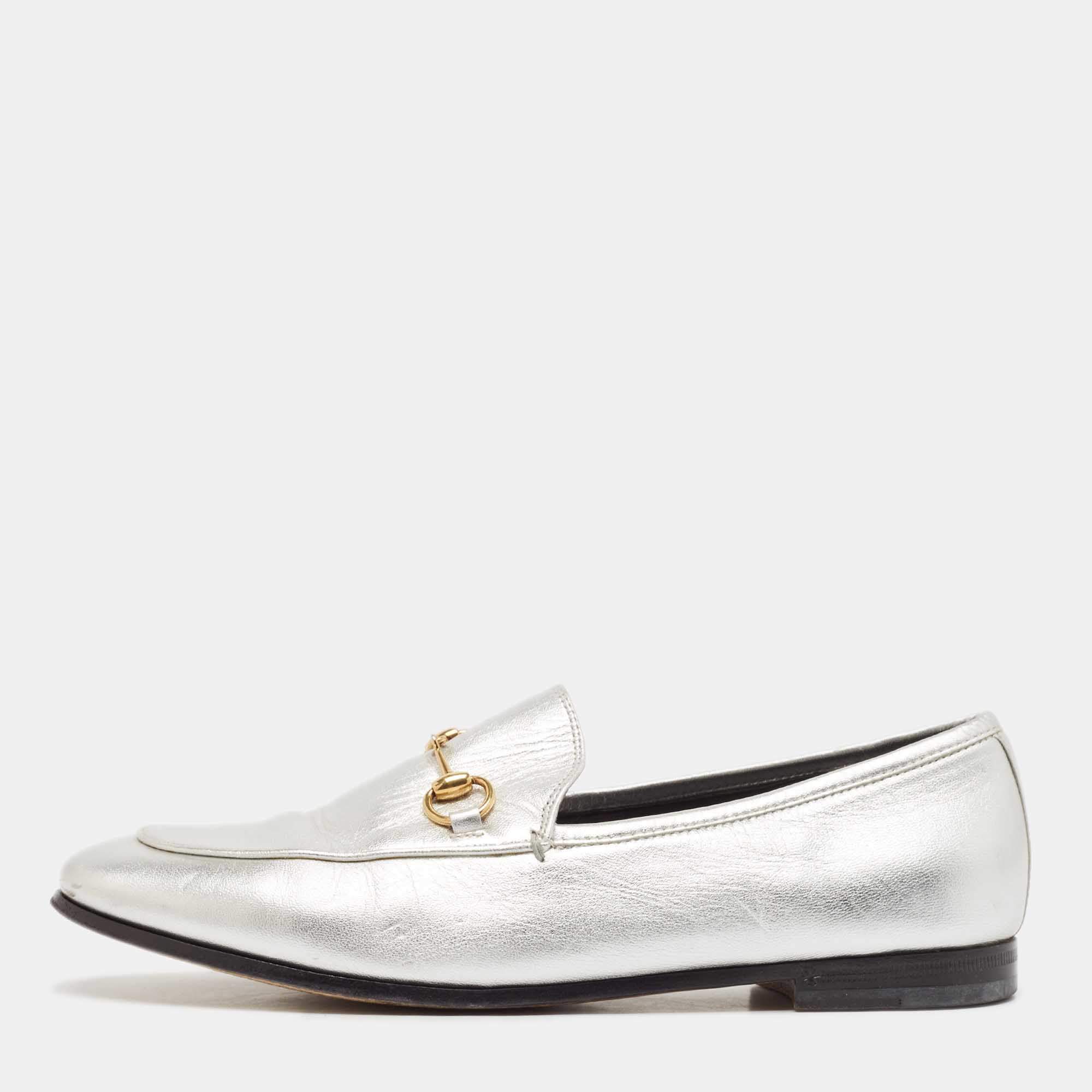 Pre Owned Gucci Silver Leather Jordaan Loafers Size 38