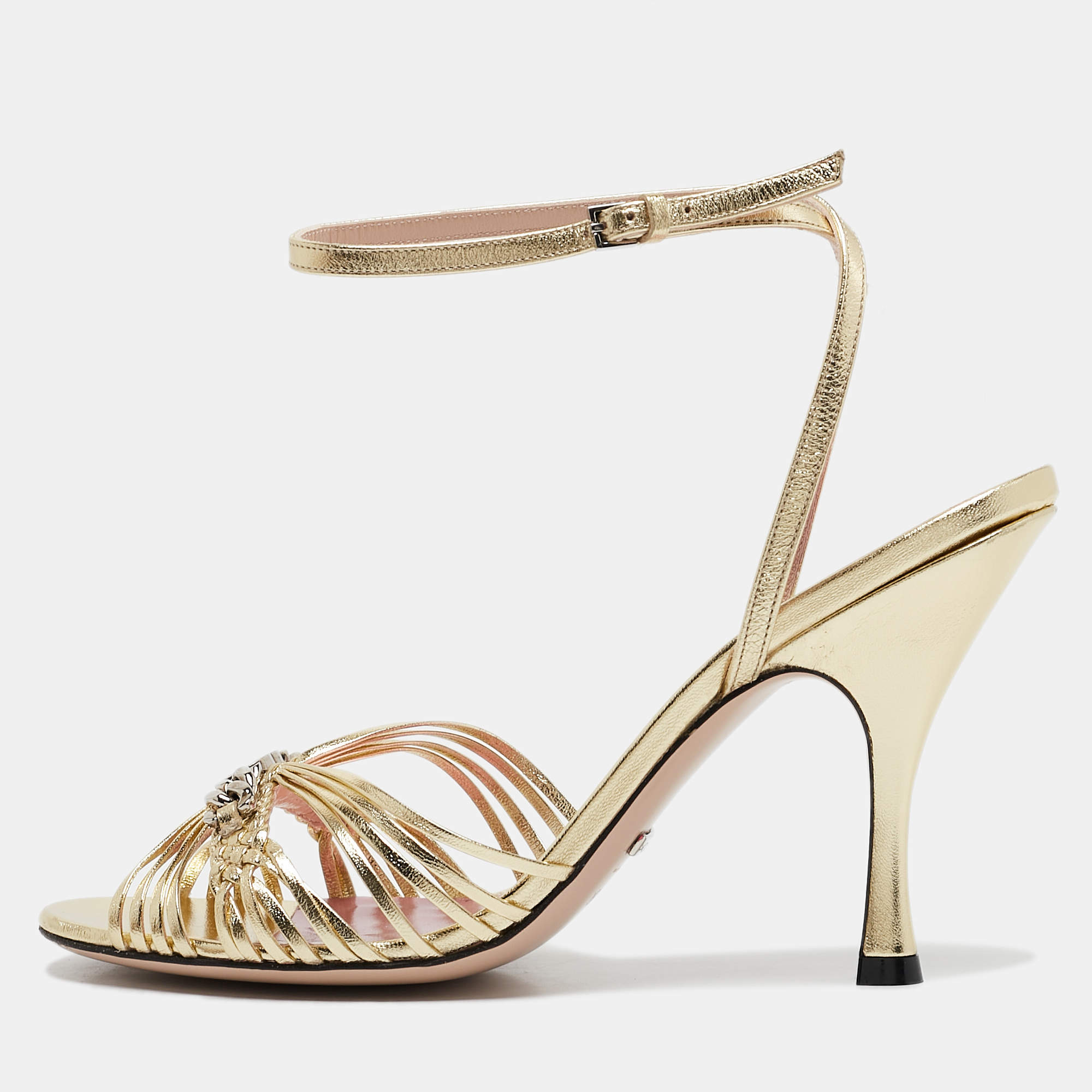 Pre Owned Gucci Gold Leather GG Chain Embellished Ankle Strap Sandals Size 38.5