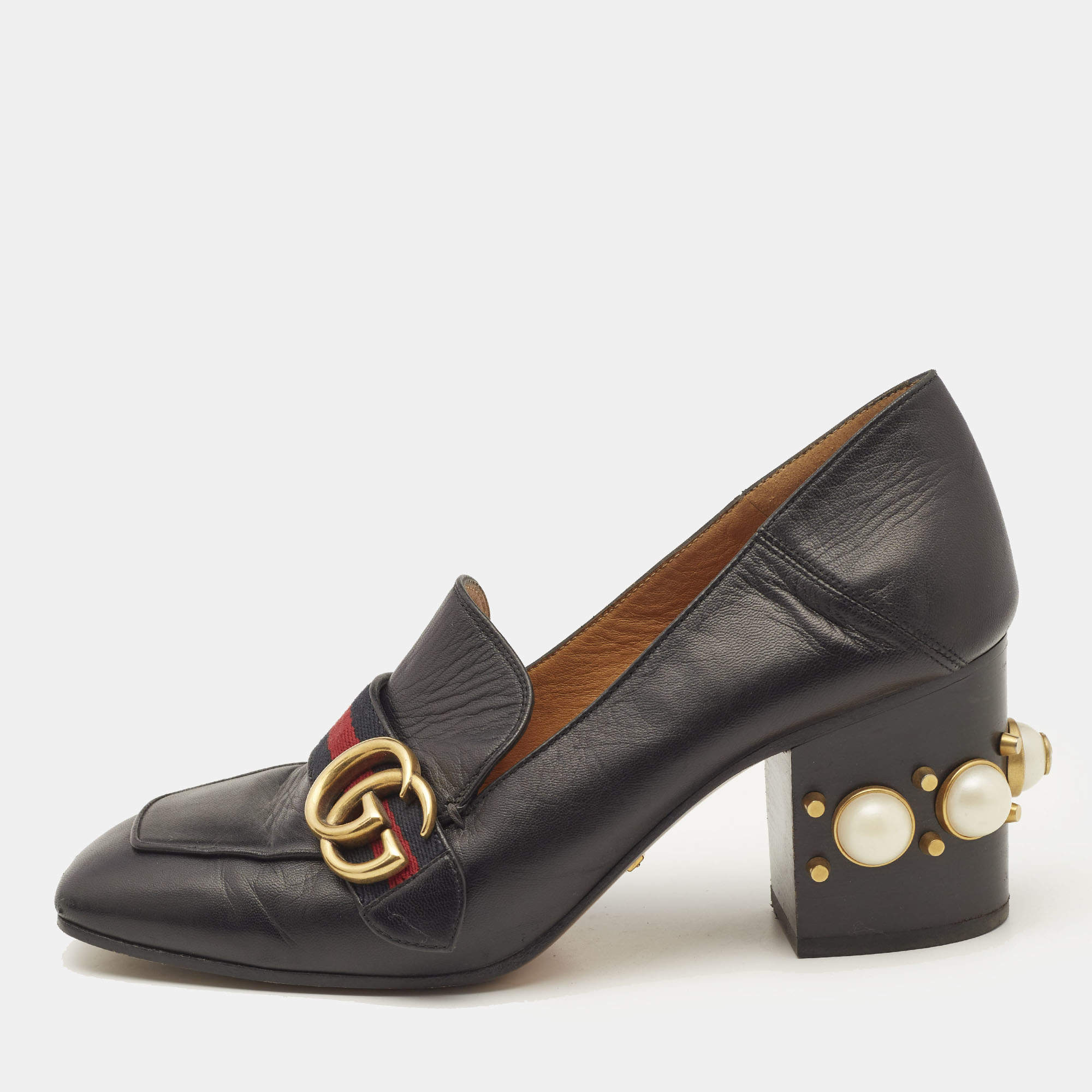 Gucci Black Leather Web Pearl Embellished Peyton Loafer Pumps Size 38.5