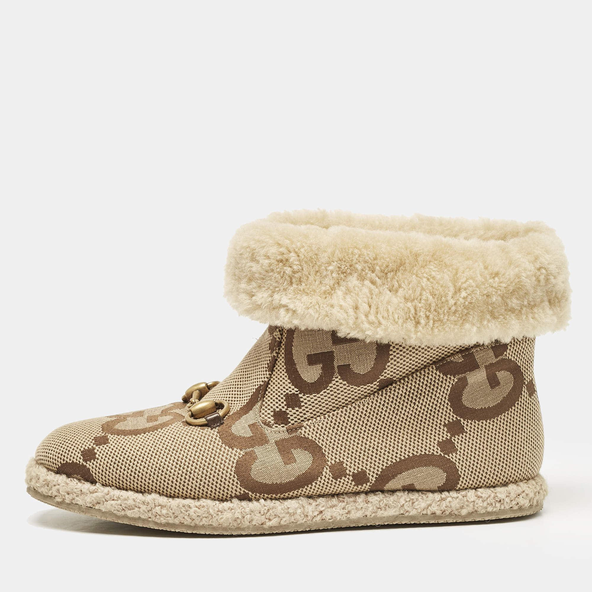 مملوكة مسبقًا Gucci Brown GG Canvas and Faux Fur Horsebit Fria Snow Boots Size 39