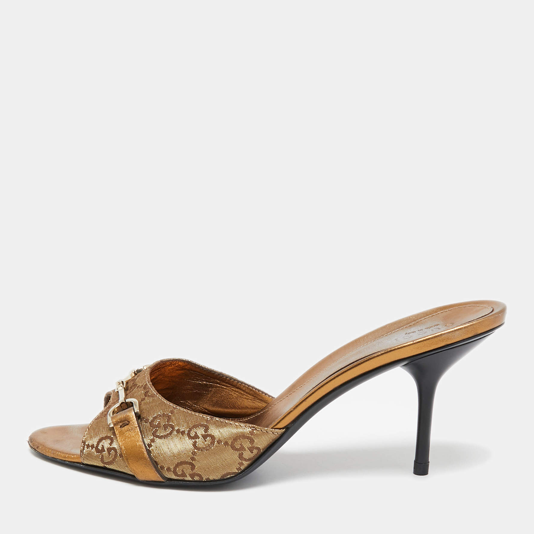 Gucci Metallic Gold GG Lurex Fabric Horsebit Open Toe Slide Sandals Size 39.5
