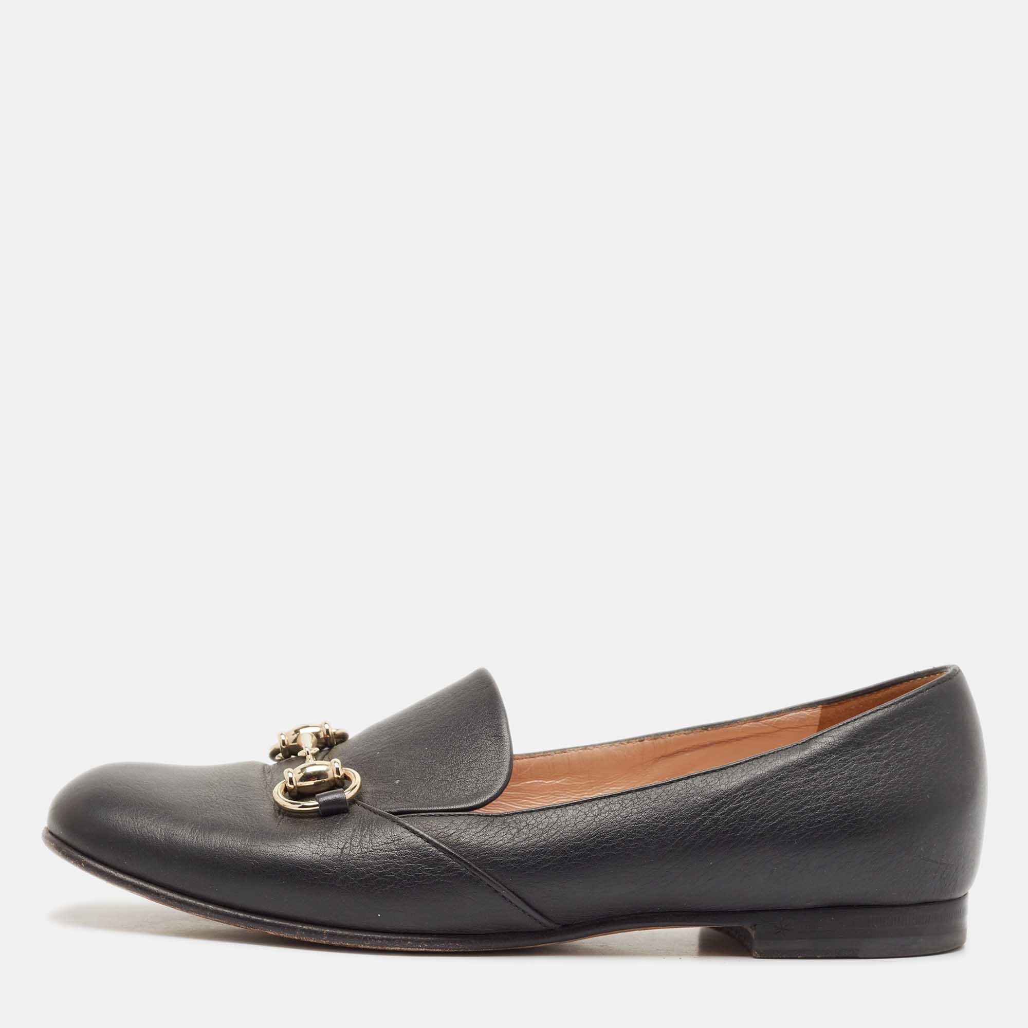Gucci Black Leather Horsebit Loafers Size 37