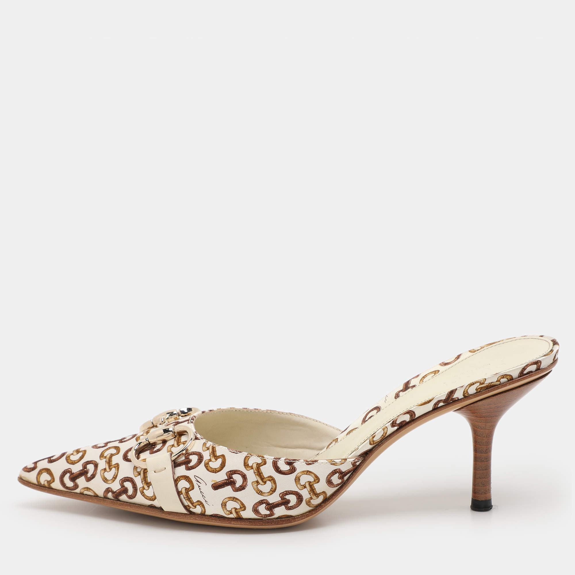 Gucci White/Green Satin Horsebit Pointed Toe Mules Size 36.5