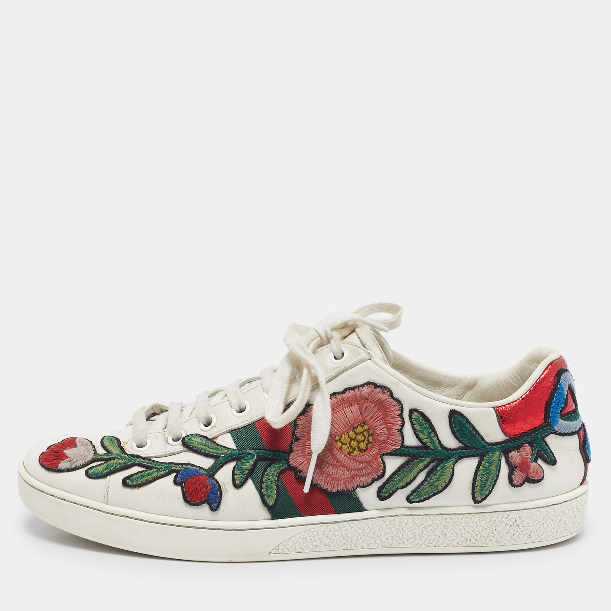 Gucci White Leather and Python Embossed Ace Low Top Sneakers Size 38.5