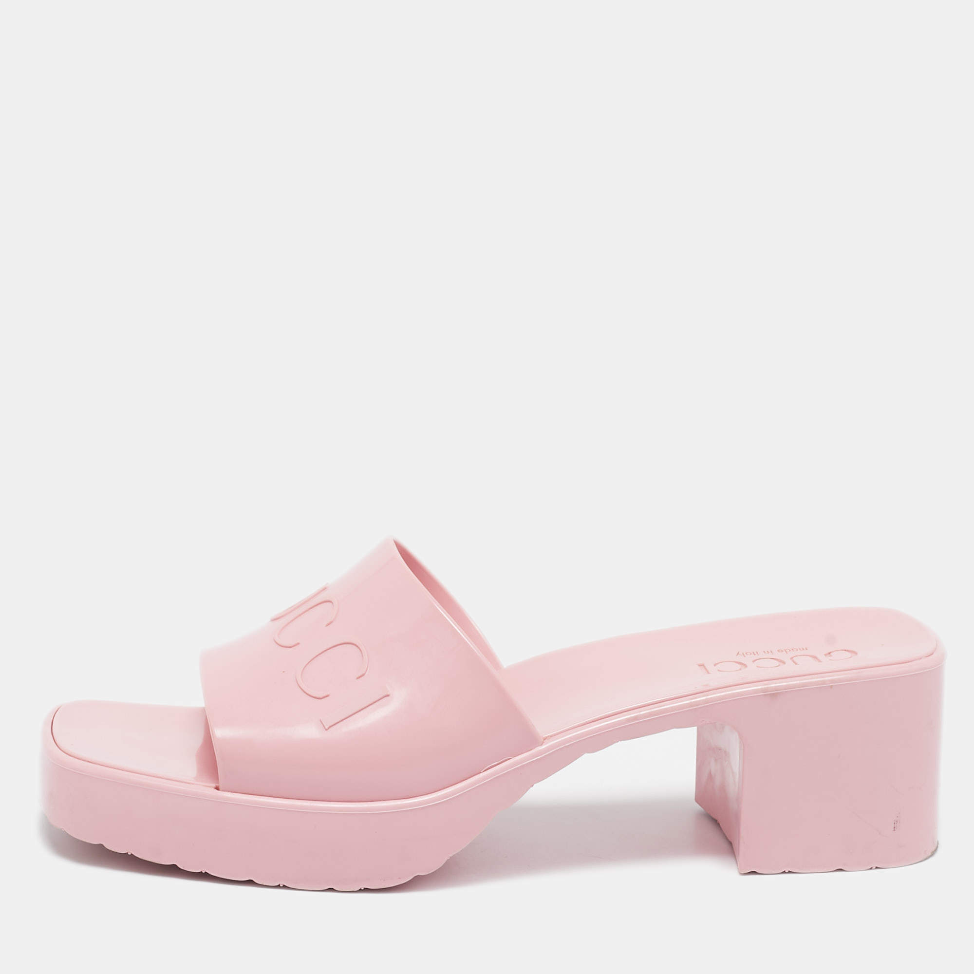 Gucci Pink Rubber Logo Embossed Platform Slide Sandals Size 37