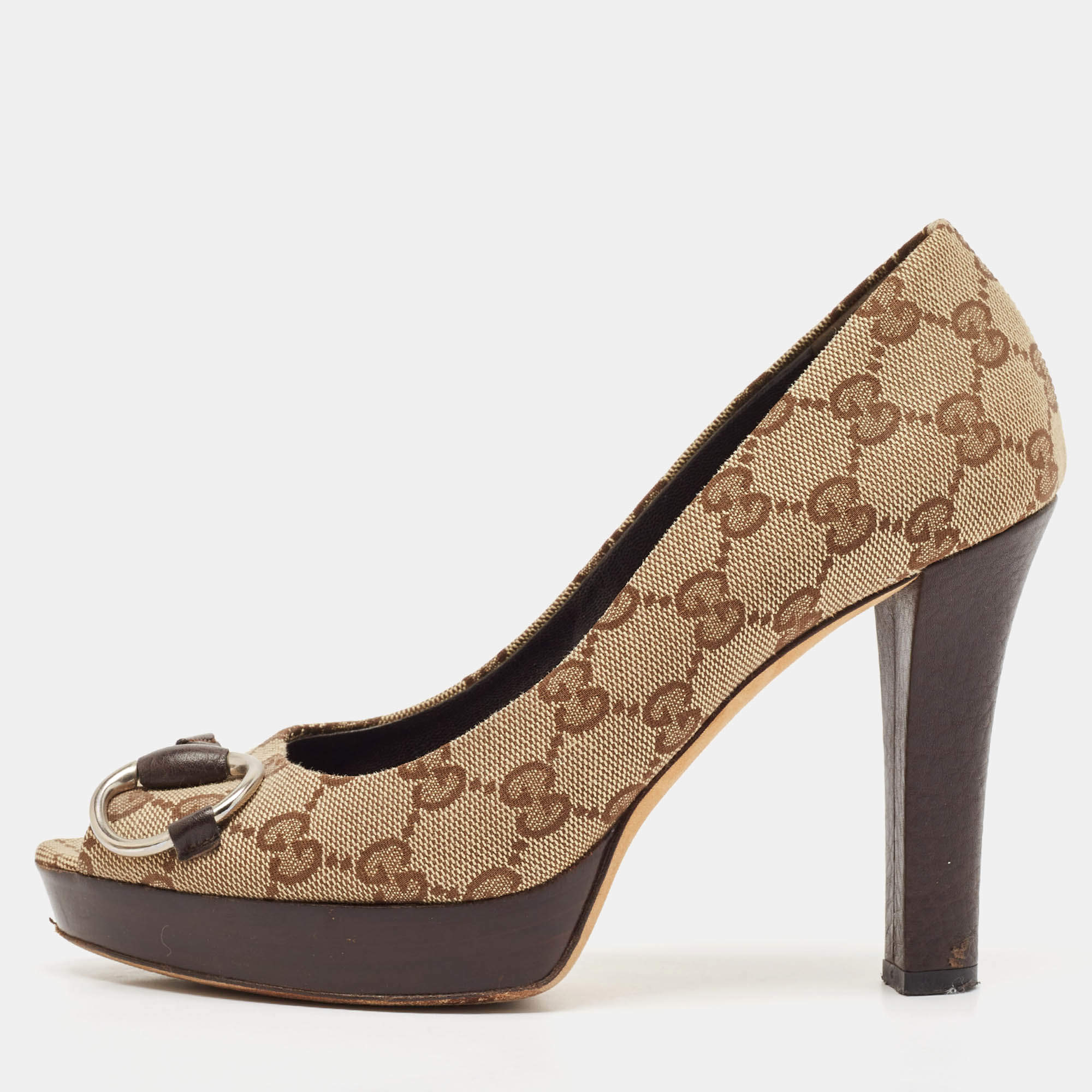 Gucci Beige GG Canvas New Hollywood Horsebit Peep Toe Pumps Size 36.5