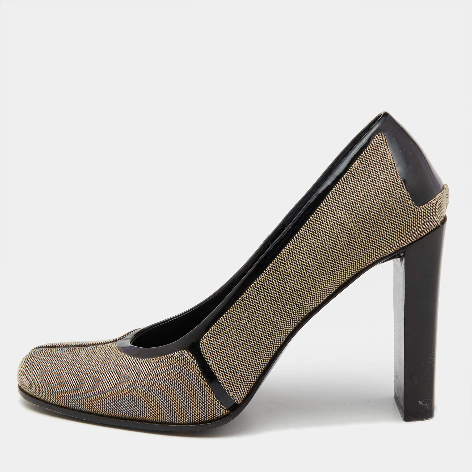 Gucci Brown/Black Canvas and Patent Leather Court Saith Square Toe Pumps Size 36