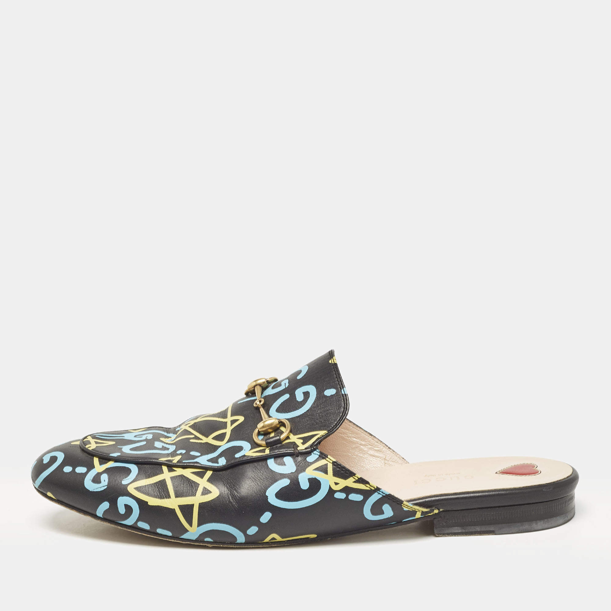 Gucci Black Leather Ghost Print Horsebit Princetown Flat Mules Size 41