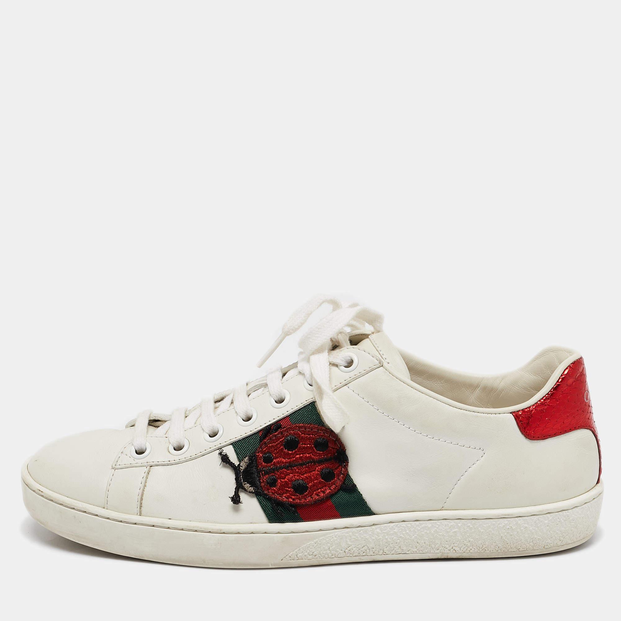 Gucci White Leather Ace Bee Embroidered Low Top Sneakers Size 37