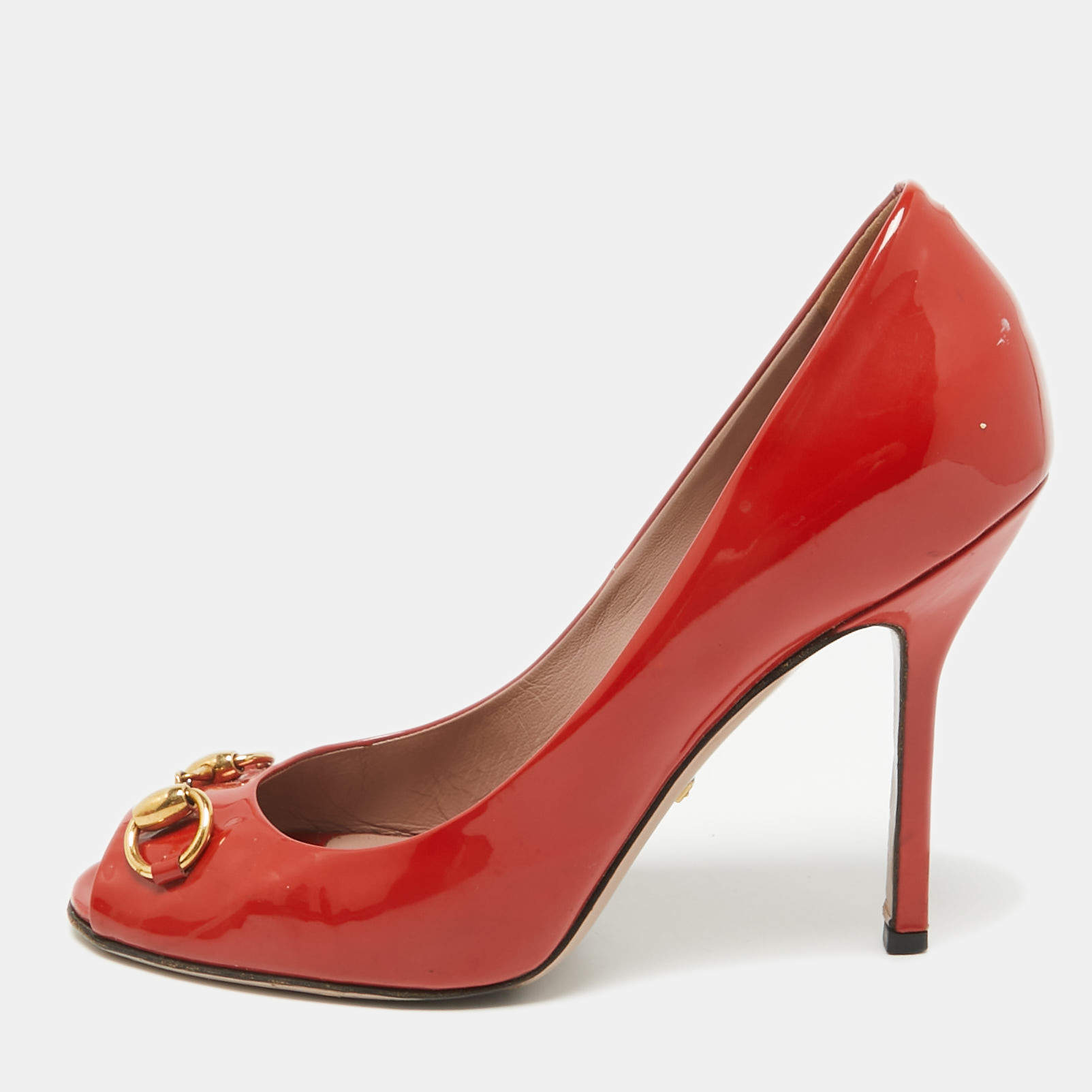 Gucci Red Patent Leather Jolene Peep Toe Pumps Size 39.5