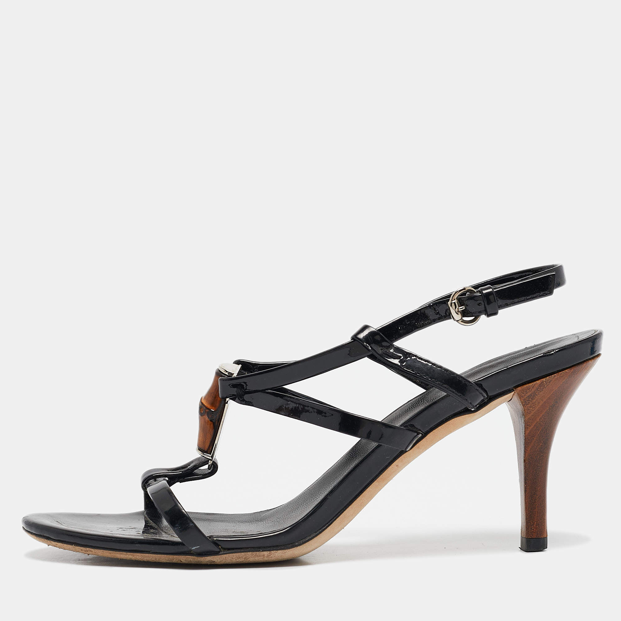 مملوكة مسبقًا Gucci Black Patent Leather Bamboo Ankle Strap Sandals Size 36