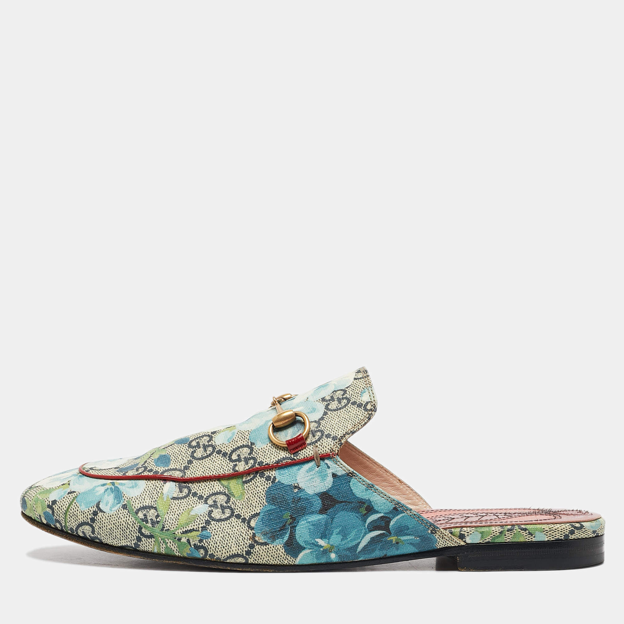 Gucci Multicolor GG Supreme Canvas Blooms Horsebit Princetown Flat Mules Size 39.5