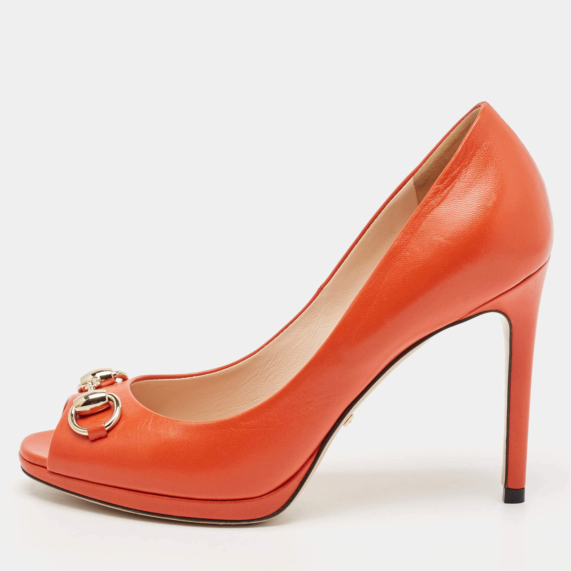 Gucci Orange Leather Jolene Horsebit Peep Toe Pumps Size 35.5