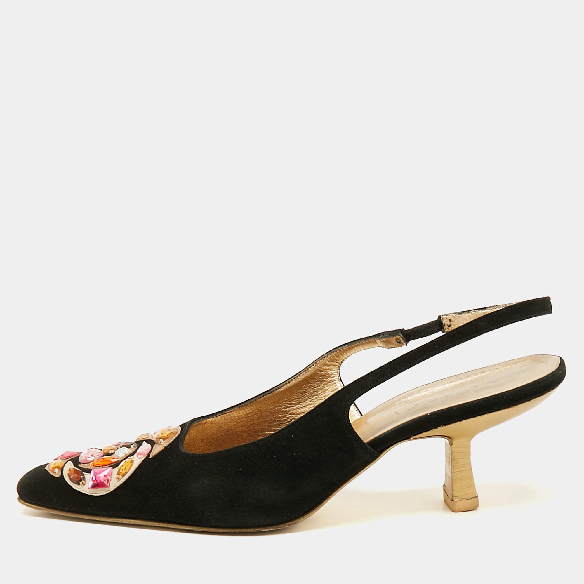 Gucci Black Suede Crystal Embellished Pointed Toe Slingback Pumps Size 38