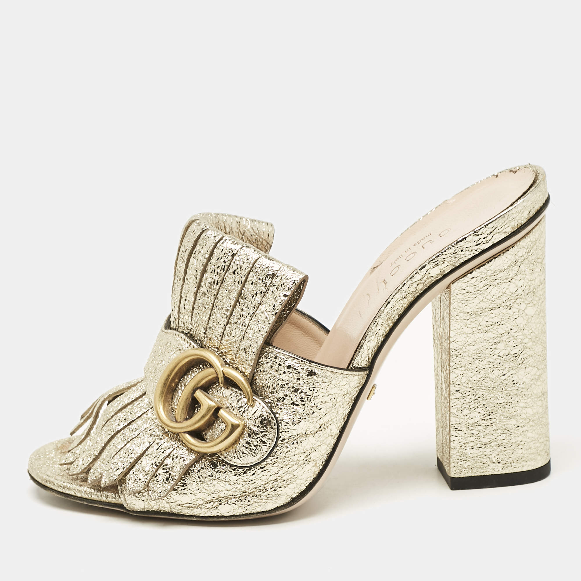 مملوكة مسبقًا Gucci Metallic Gold Leather Marmont GG Fringe Mule Sandals Size 36