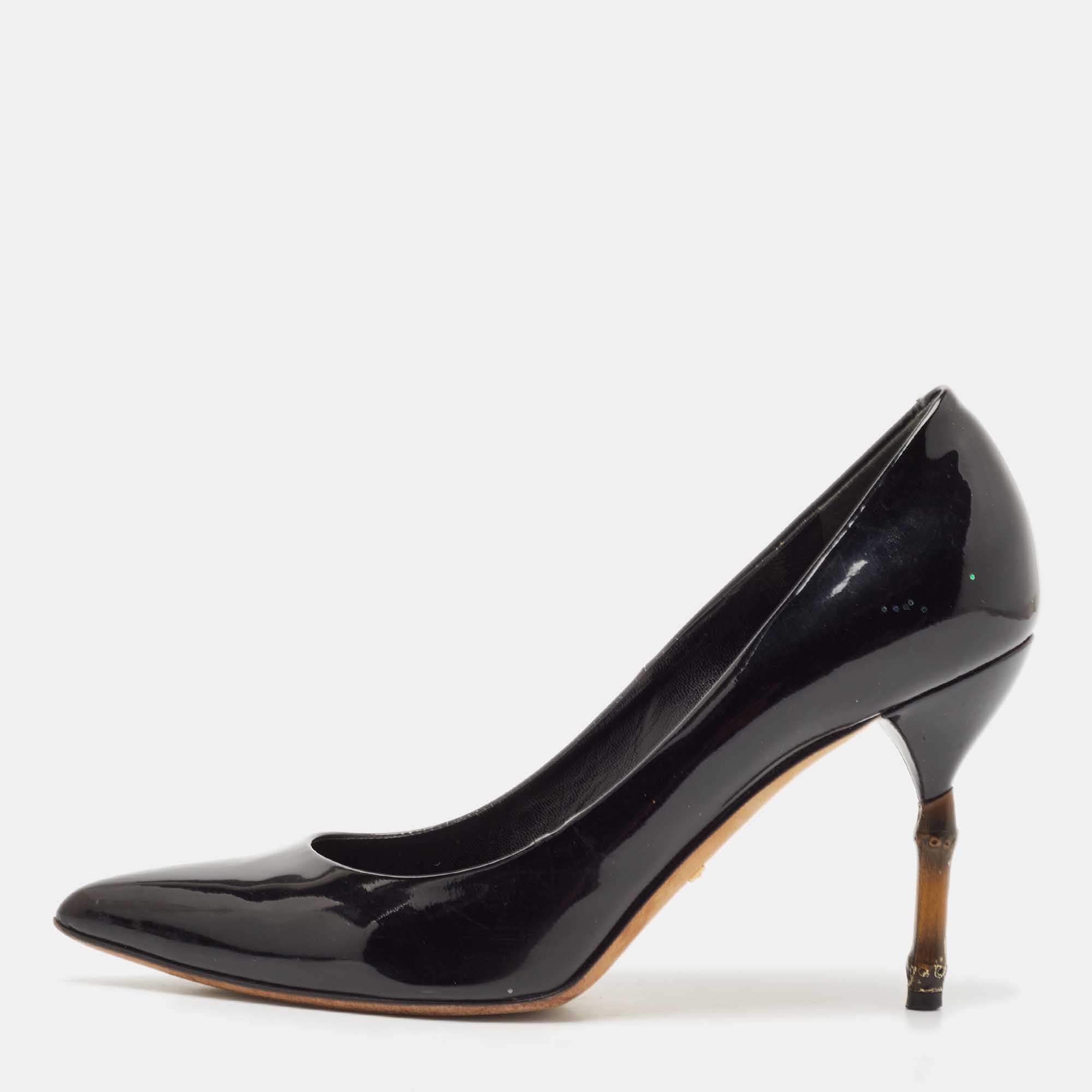 Gucci Black Patent Leather Kristen Pointed Toe Bamboo Heel Pumps Size 38.5