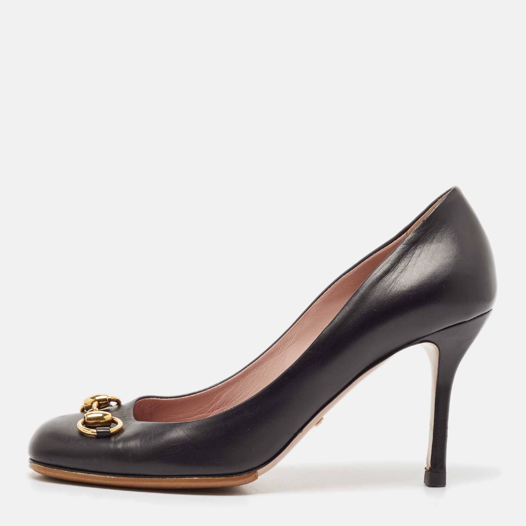 Gucci Black Leather Jolene Horsebit Pumps Size 39