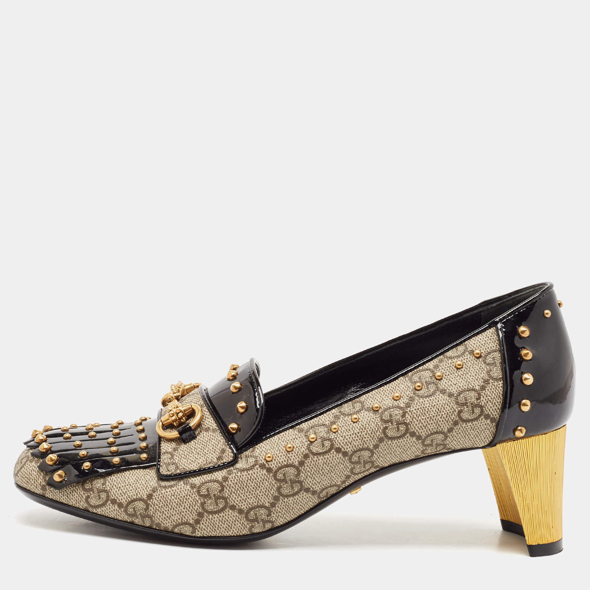 Pre Owned Gucci Beige/Black GG Supreme Canvas and Patent Leather Studded Fringe Loafer Pumps Size 38