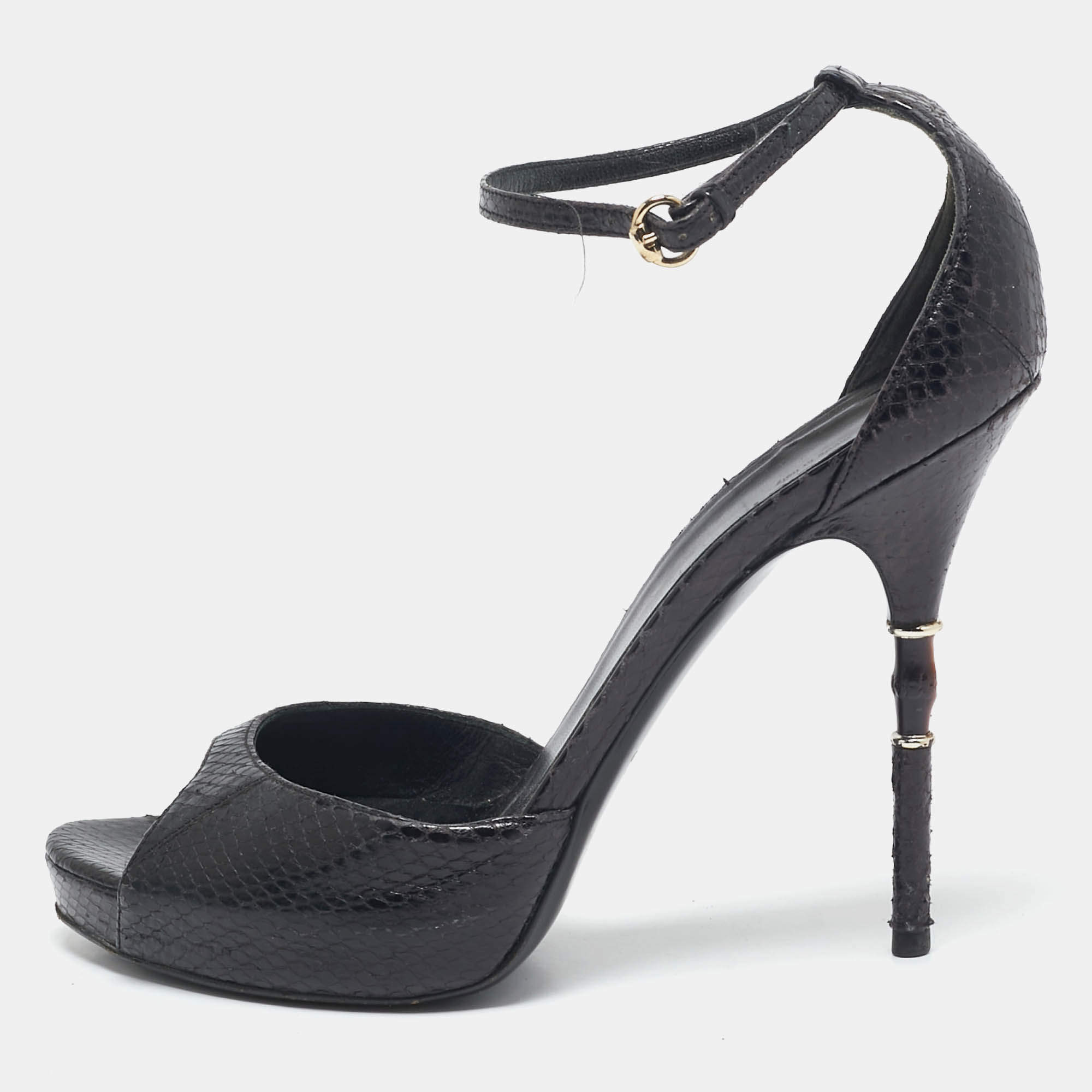 Gucci Black Snakeskin Leather Ankle Strap Sandals Size 39