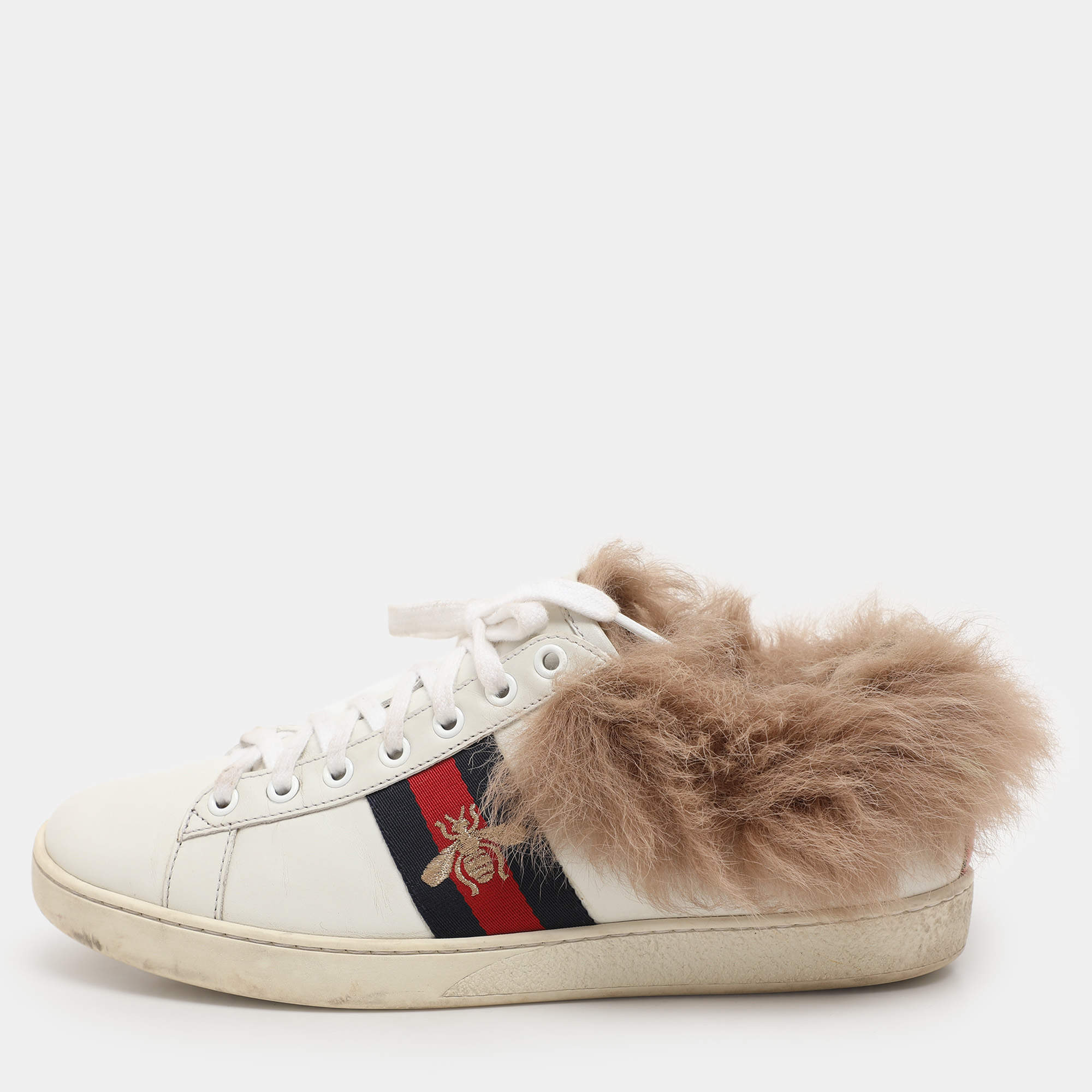 Gucci White Leather Fur Lined Ace Low Top Sneakers Size 38