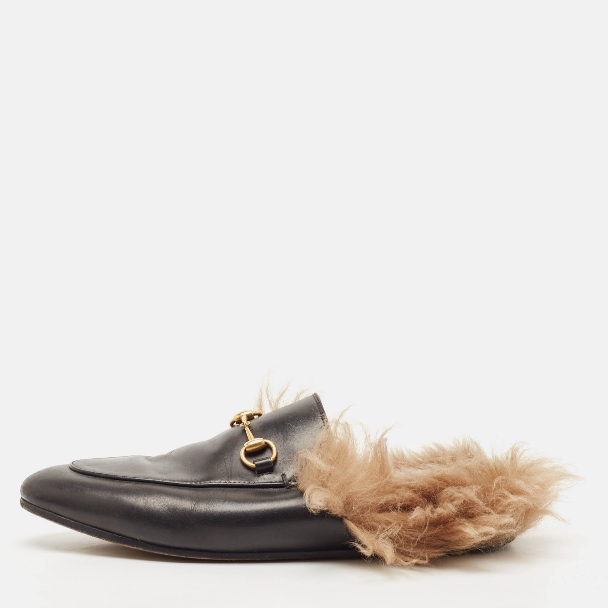 Gucci Black Leather And Fur Princetown Sandals Size 39