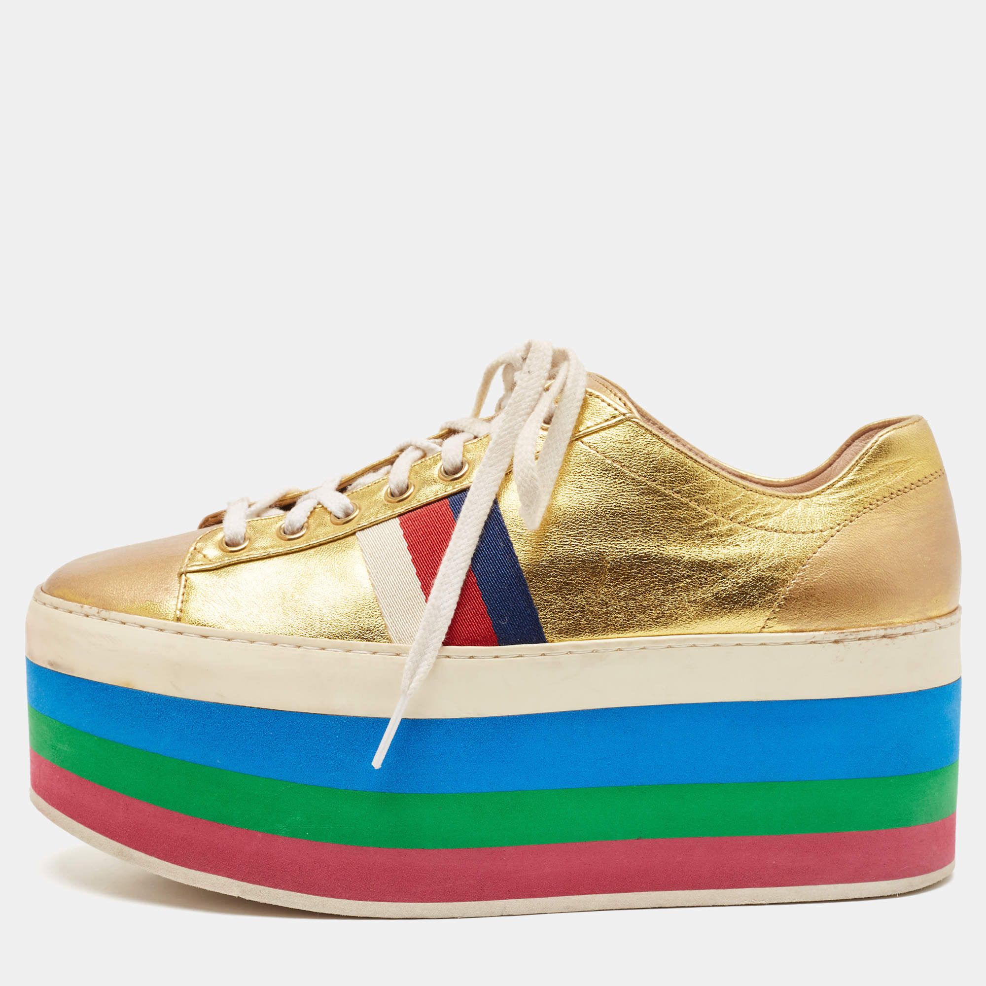 Pre Owned Gucci Metallic Gold Leather Peggy Sneakers Size 38