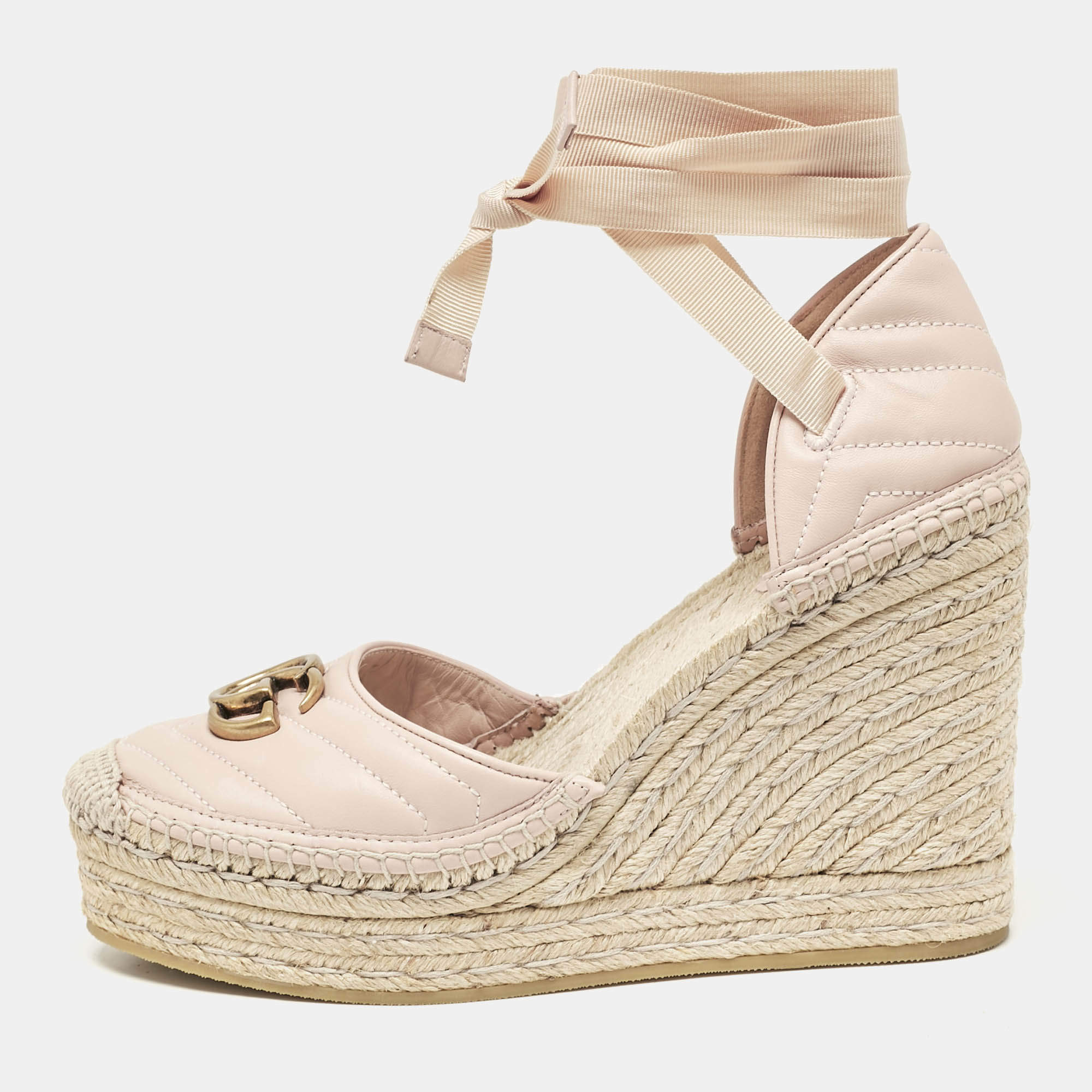 Gucci Pink Leather GG Marmont Wedge Sandals Size 40