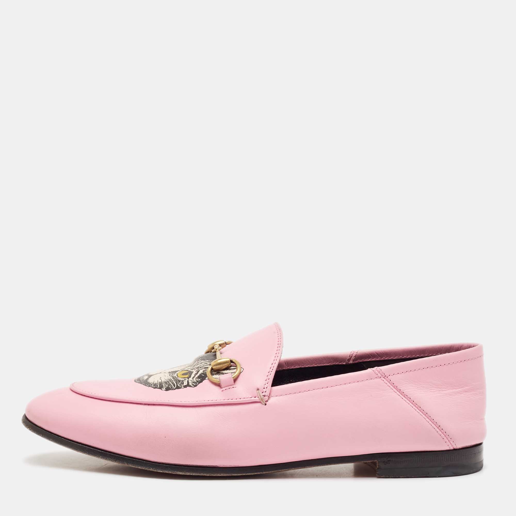 Pre Owned Gucci Pink Leather Brixton Cat Loafers Size 39