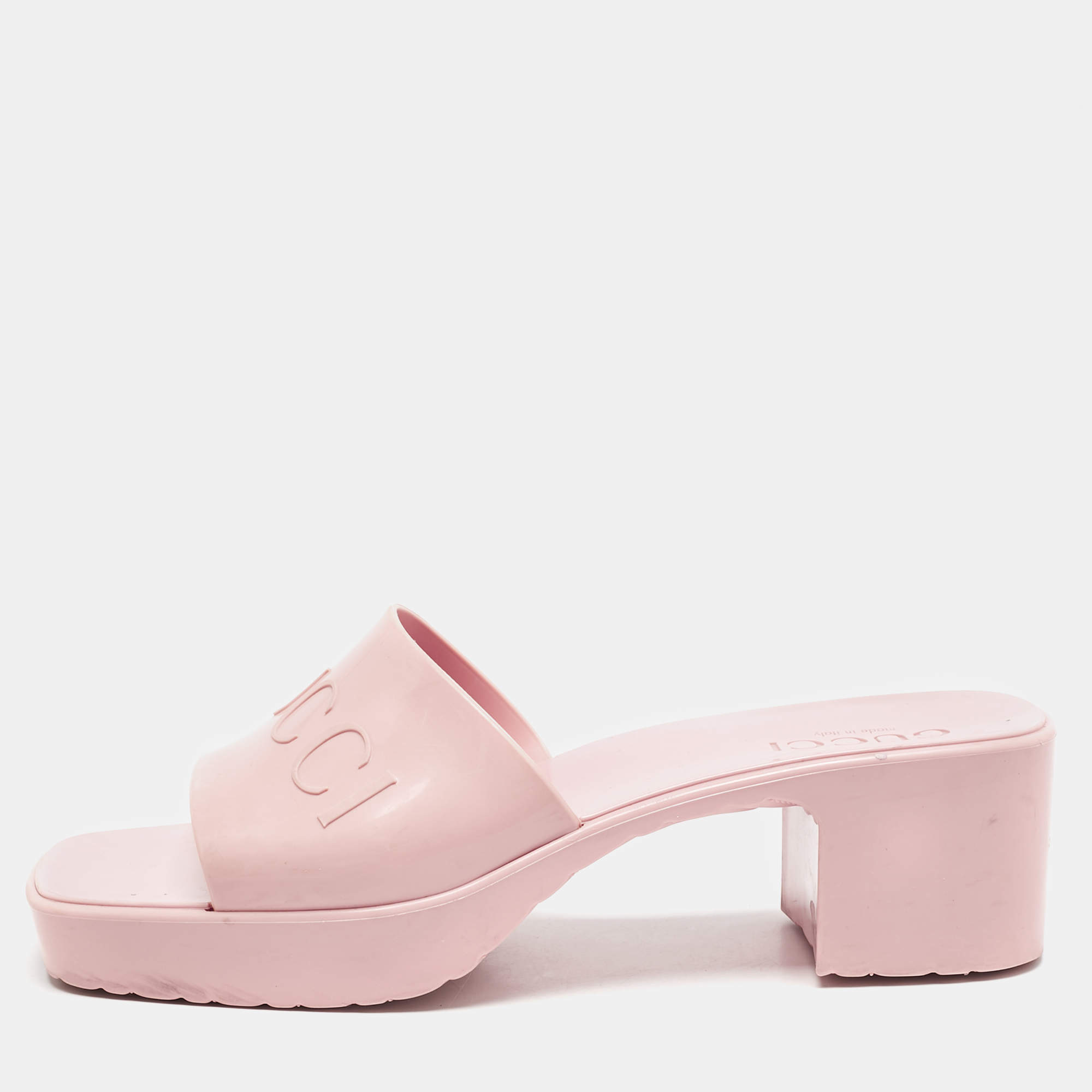 Pre Owned Gucci Pink Rubber Embossed Logo Slide Sandals Size 38