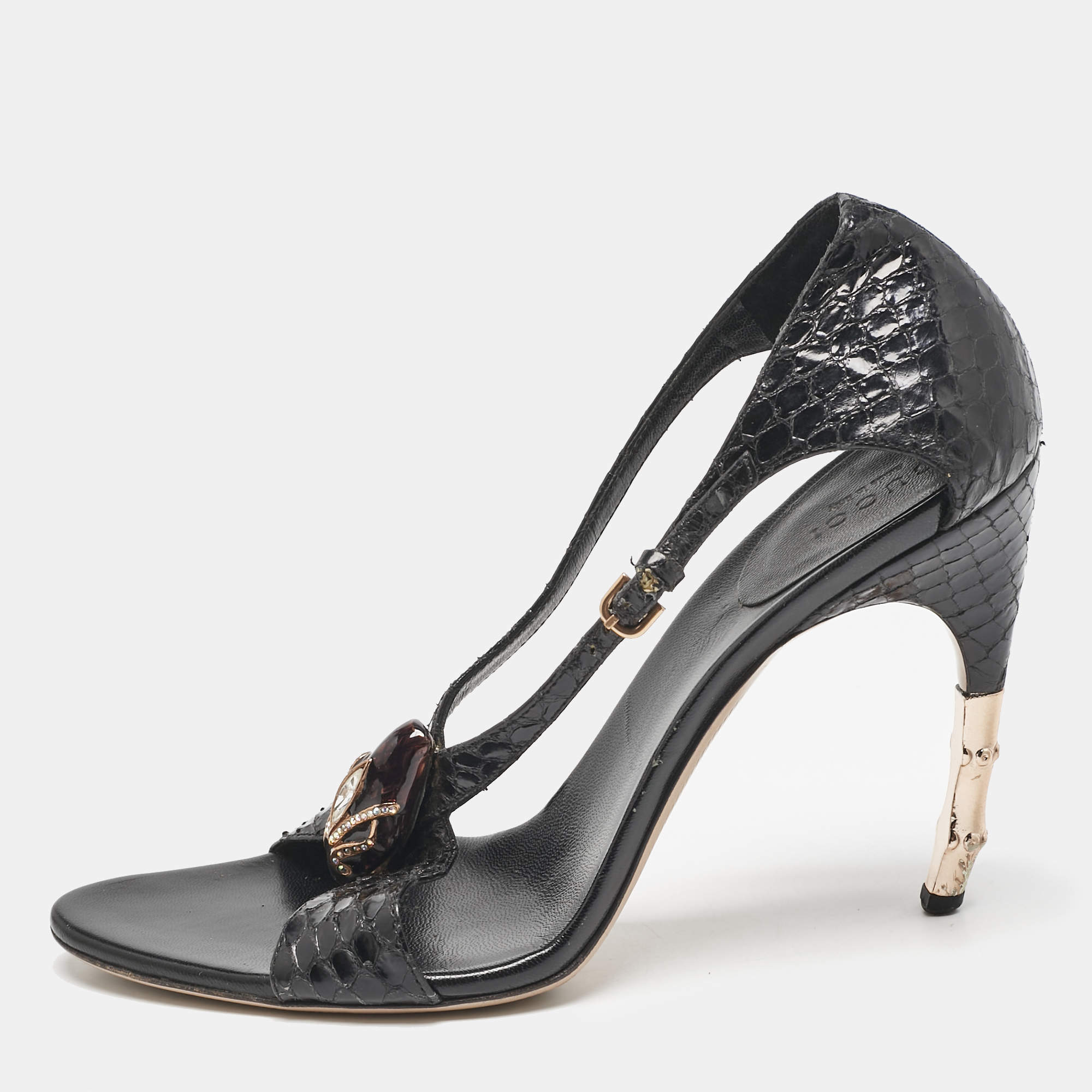 Gucci Black Python Snake Head Crystals Ankle Strap Sandals Size 38.5