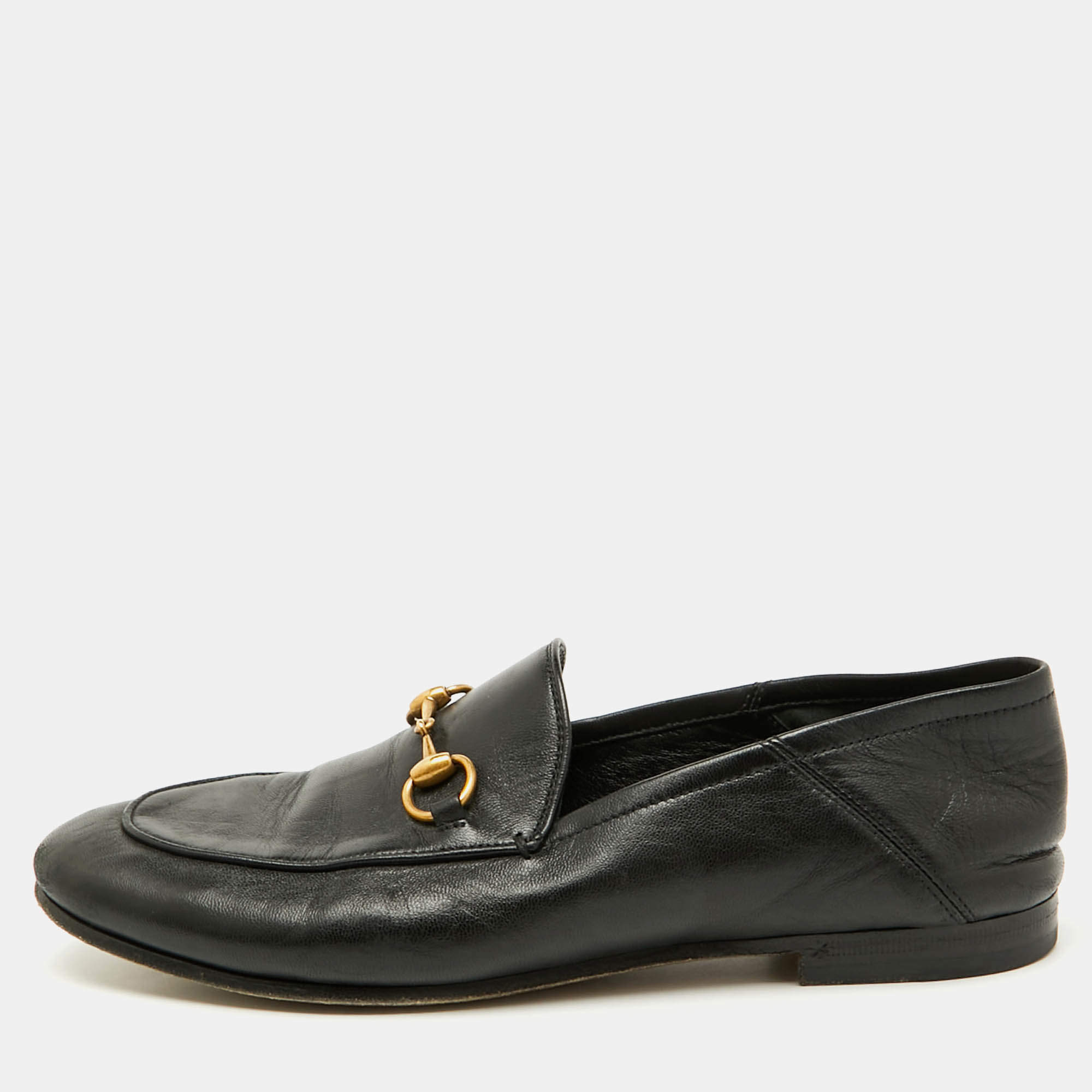 Pre Owned Gucci Black Leather Horsebit Jordaan Loafers Size 37