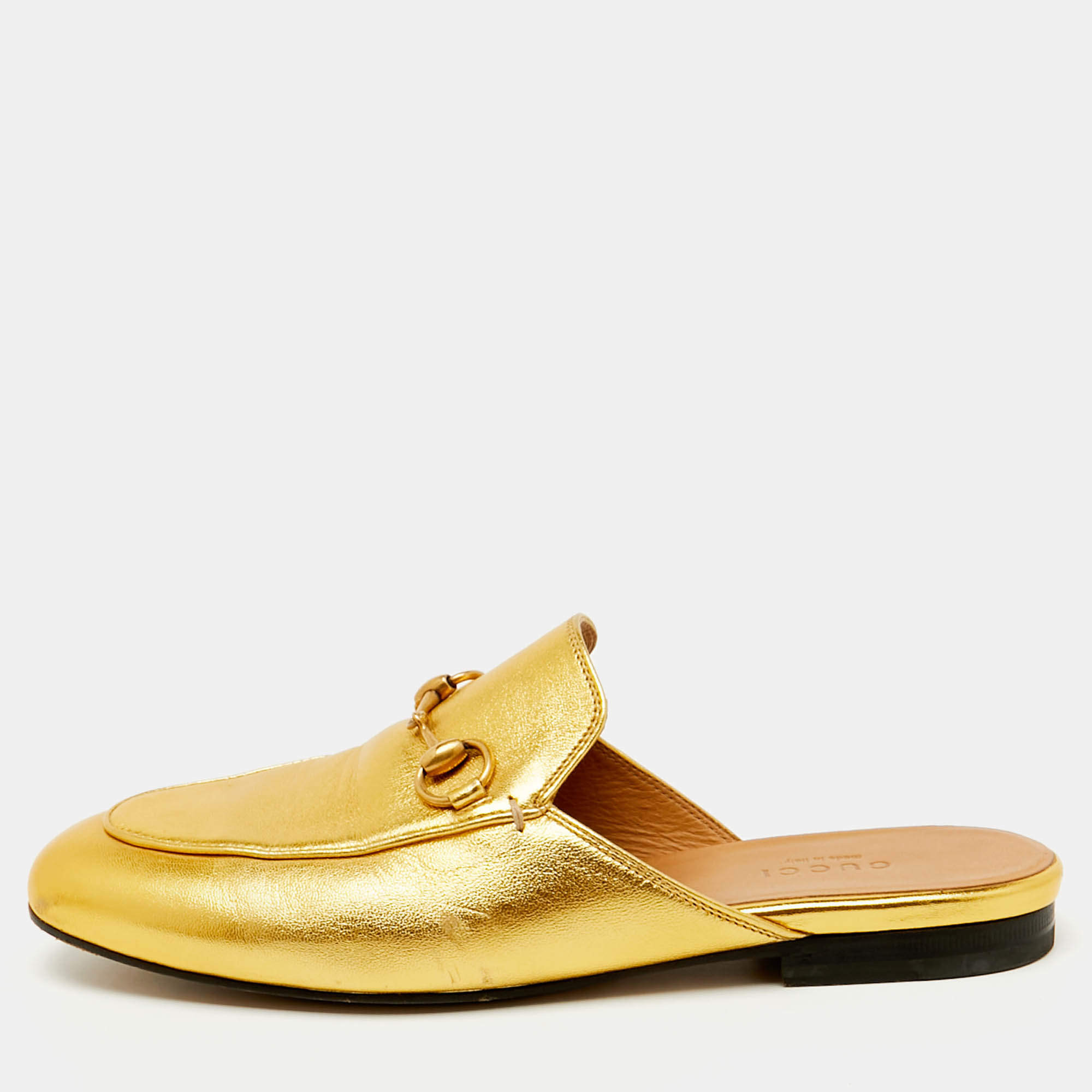 Gucci Gold Leather Horsebit Princetown Flat Mules Size 36.5