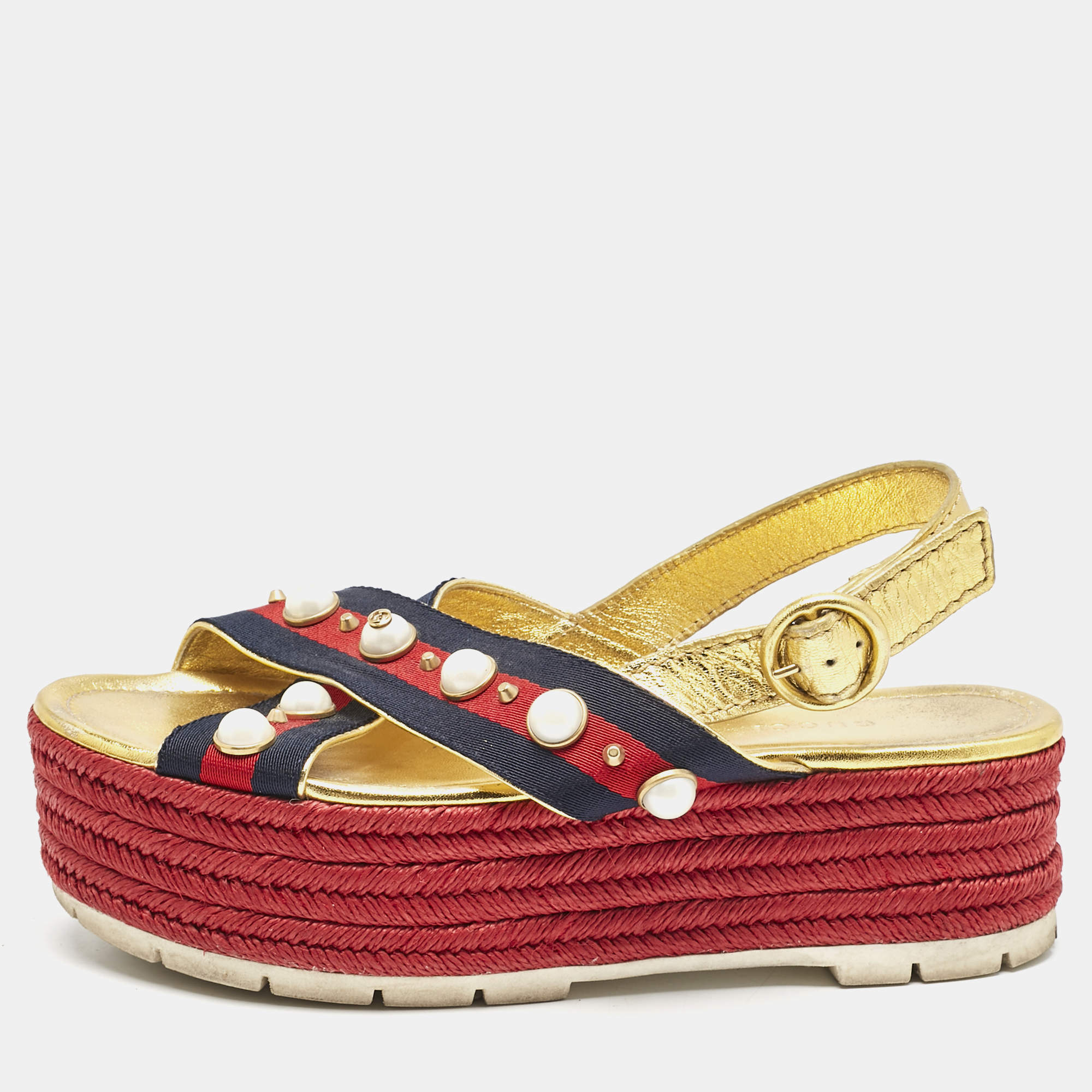Gucci Multicolor Leather And Canvas Web Studded Platform Sandals Size 39