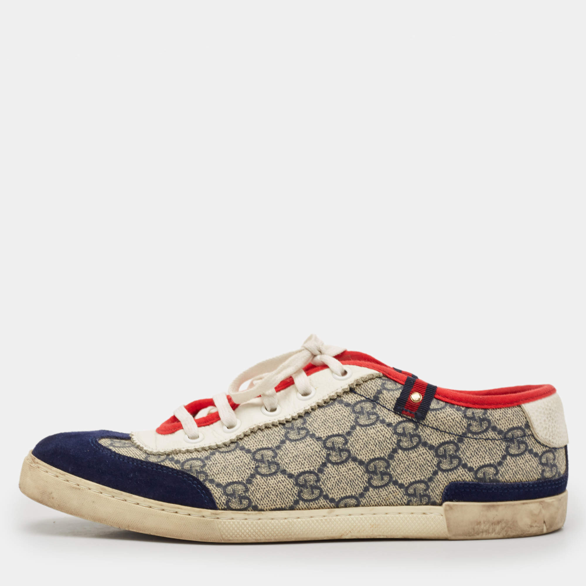 Gucci Beige/Blue GG Supreme Canvas and Suede Low Top Sneakers Size 37.5