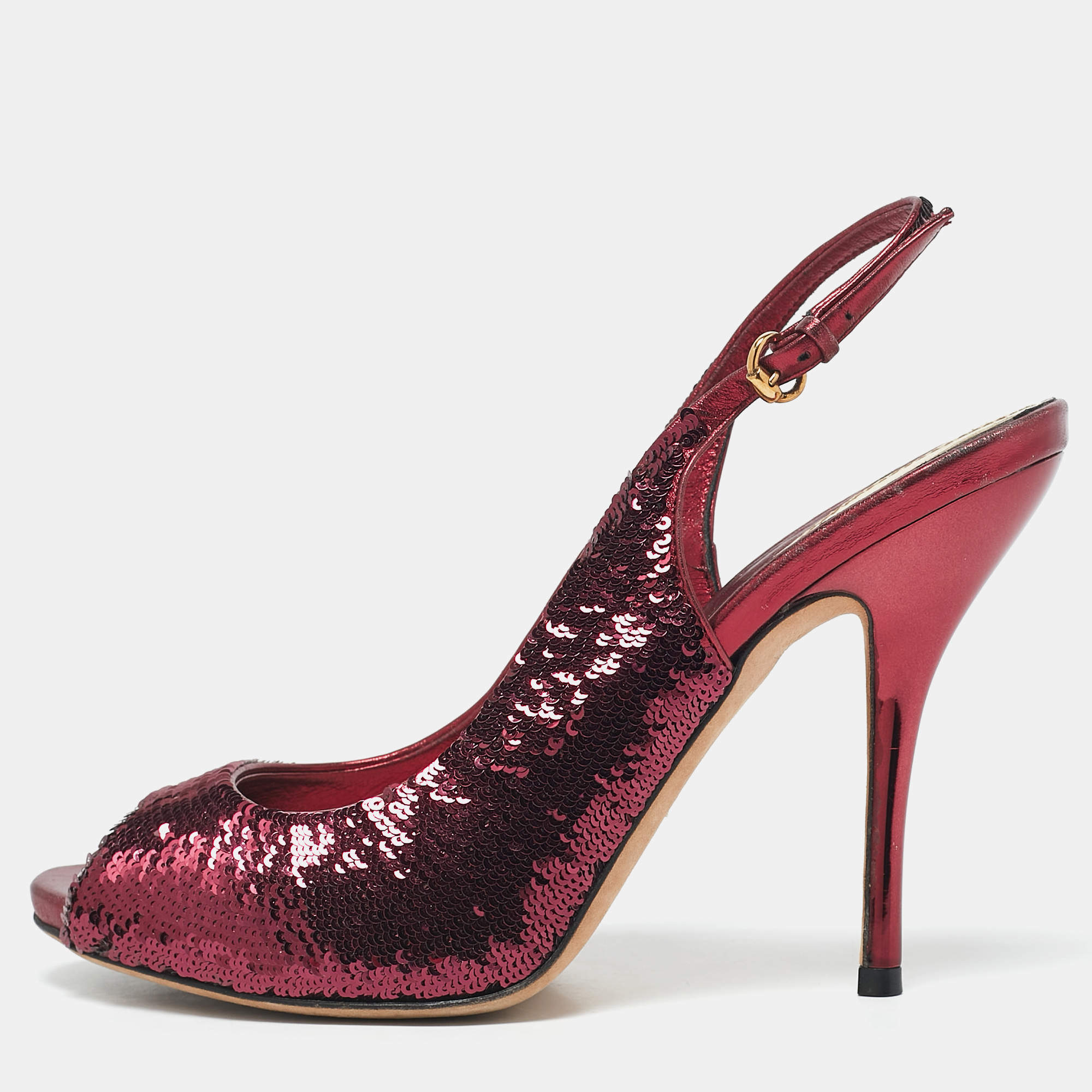 Gucci Burgundy Sequins Slingback Peep Toe Pumps Size 37.5
