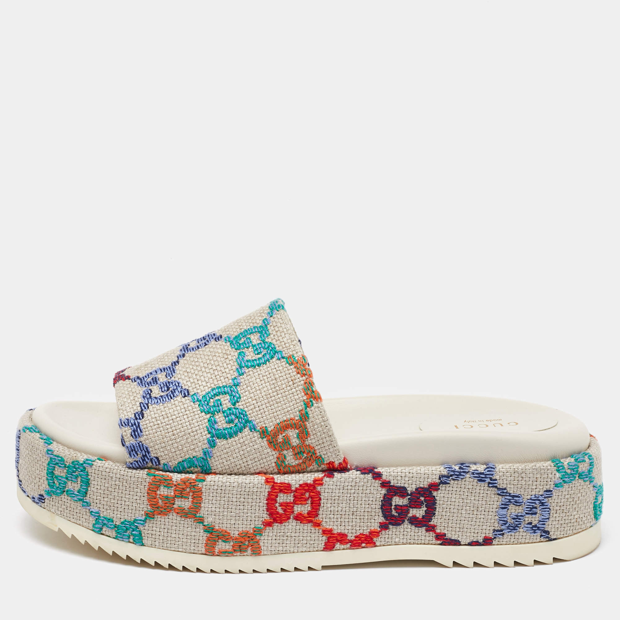Gucci Multicolor Linen Psychedelic Mini GG Monogram Angelina Platform Slide Sandals Size 39