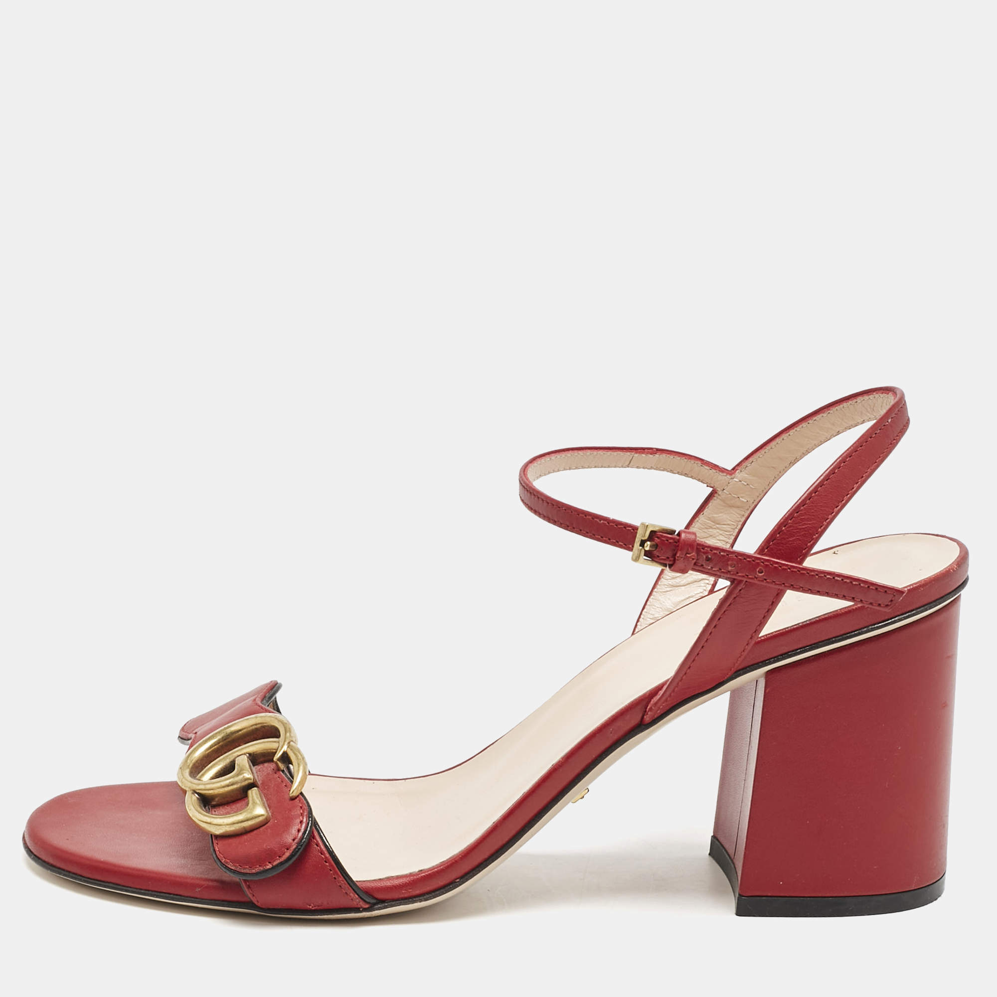 Gucci Red Leather GG Marmont Ankle Strap Sandals Size 38